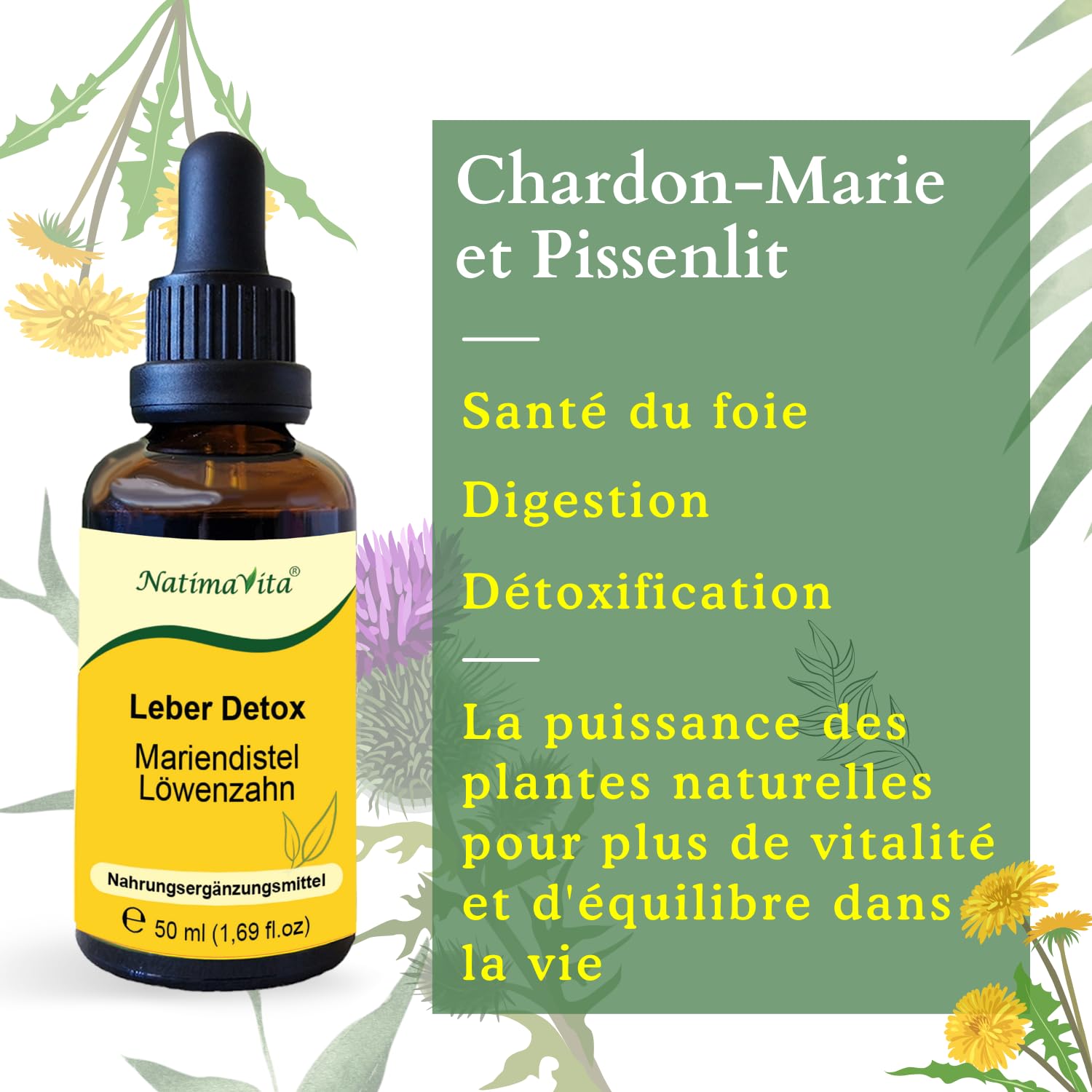 Détox du foie Chardon-Marie et Pissenlit – 2 x 50 ml – Détoxifiant et régénérant pour le foie, la vésicule biliaire et le système digestif – 100% naturel - NatimaVita