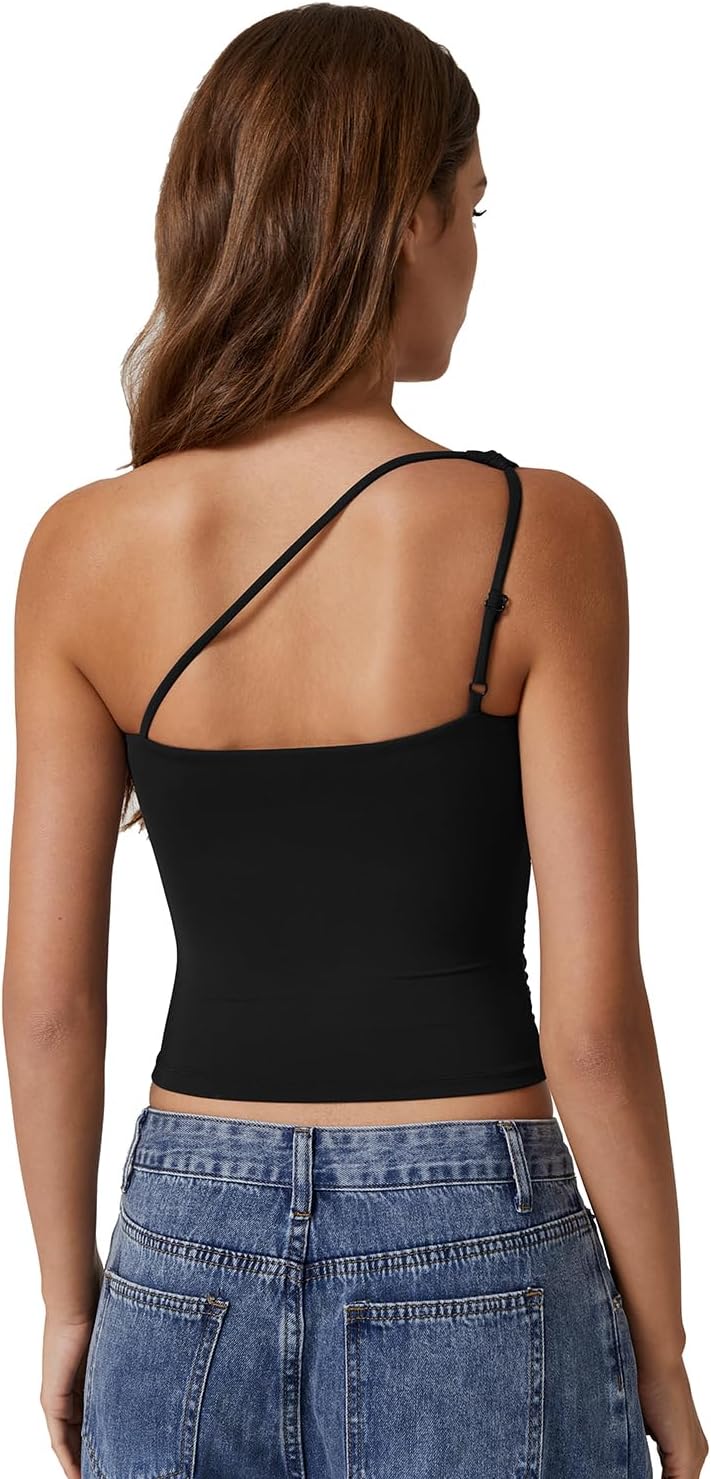 QINSEN Women's One Shoulder Tank Tops Double Lined Sleeveless Slim Fit Cropped Tee Shirt Y2k Tops - Image 2
