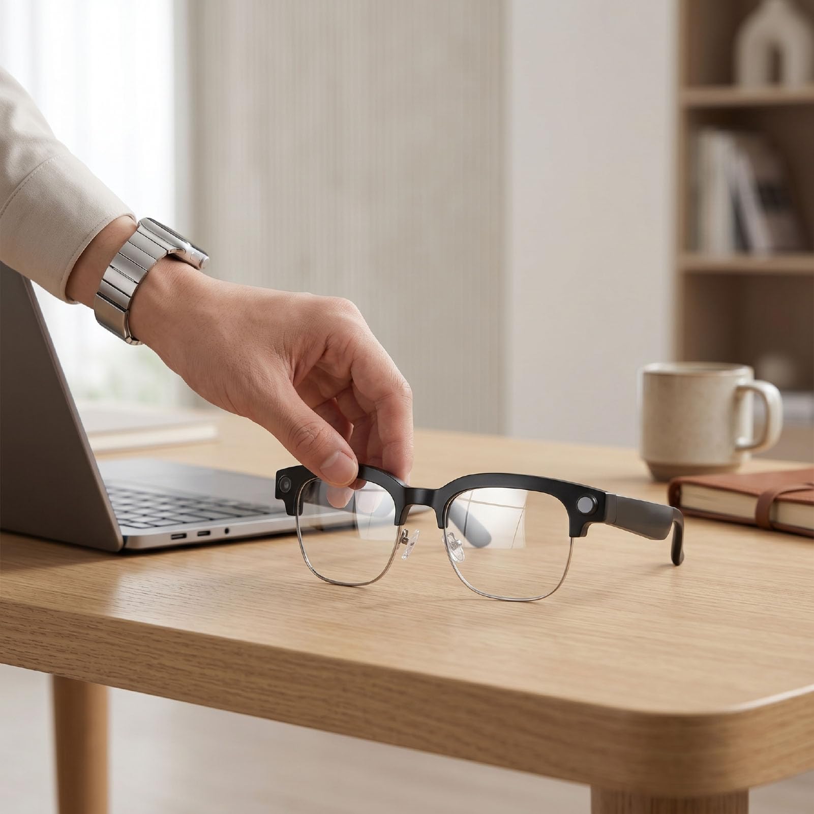 Sxhlseller Lunettes Intelligentes avec Caméra, Lunettes Audio Bluetooth avec Traduction IA, Caméra 8 MP Vidéo HD 1080P Contrôle Vocal, for Voyage Travail Communication Multilingue