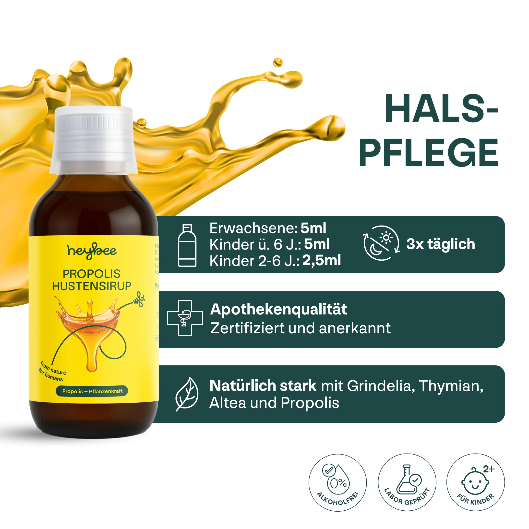 Propolis Hustensirup 100 ml – mit Propolis-Extrakt, Thymian, Grindelia & Eibischwurzel – alkoholfrei, lindert Hustenreiz & löst Schleim - ab 2 Jahren (3)