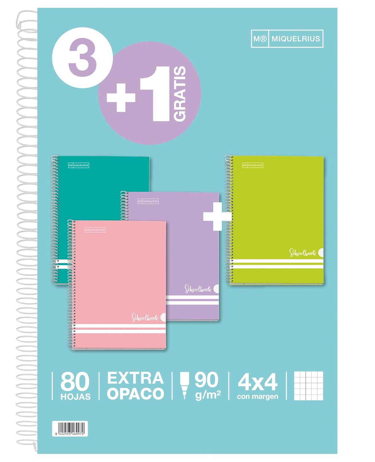Miquelrius – Pack A4 Squared 3+1 – Spiral, Lined Cardboard Cover, Size 215 x 310 mm, 80 Sheets 90 g/m2, 4 mm Grid, Pastel Colours
