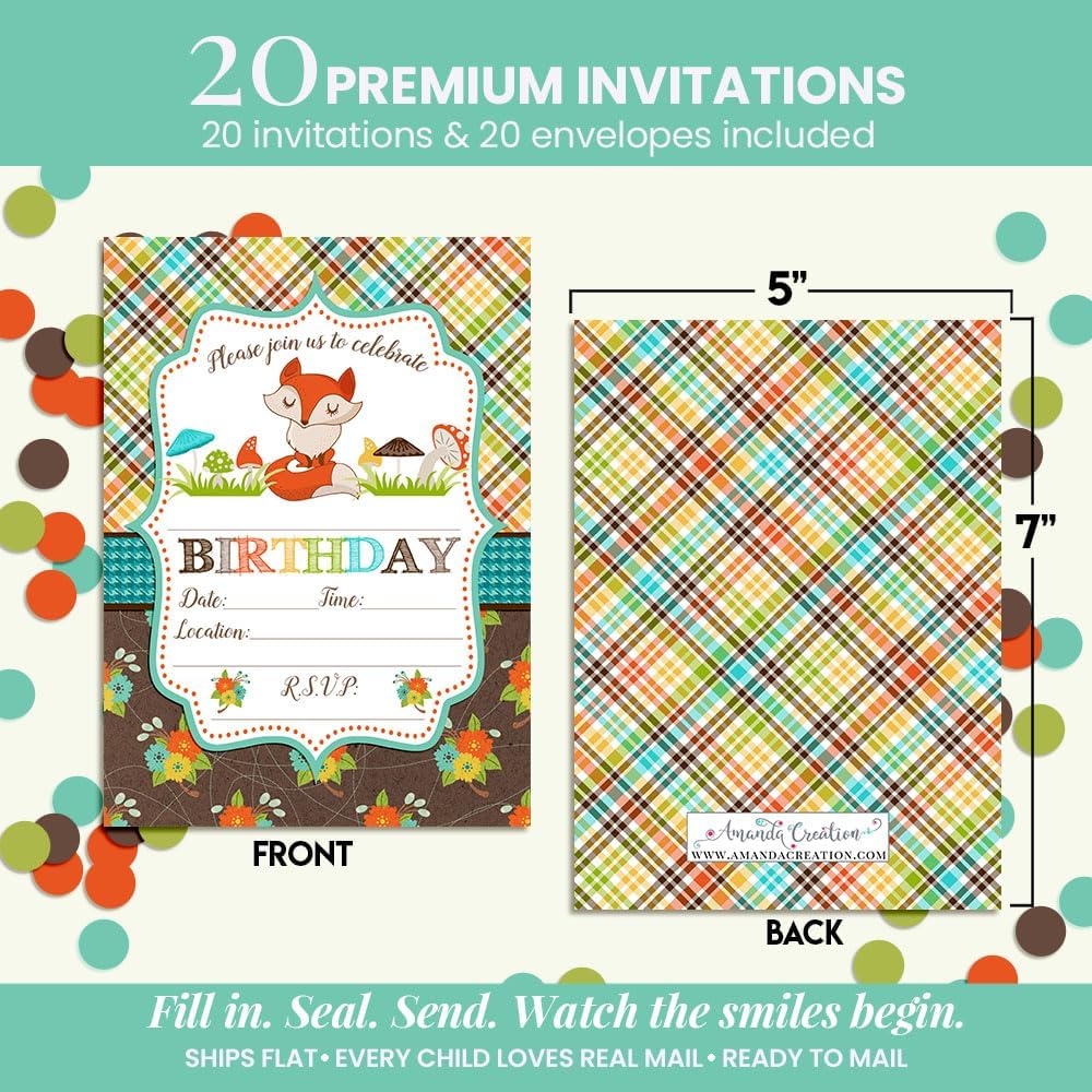 Fall Fox Birthday Party Invitations, 20 5x7 Fill In Cards with Twenty White Envelopes by AmandaCreation