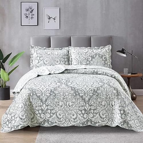 Q Style Quilted Patchwork Bedspread Bed Throw 3 Piece Comforter bedding set with Pillow Shams and Coverlet Throw Machine Washable (Royal Damask-Grey, King)