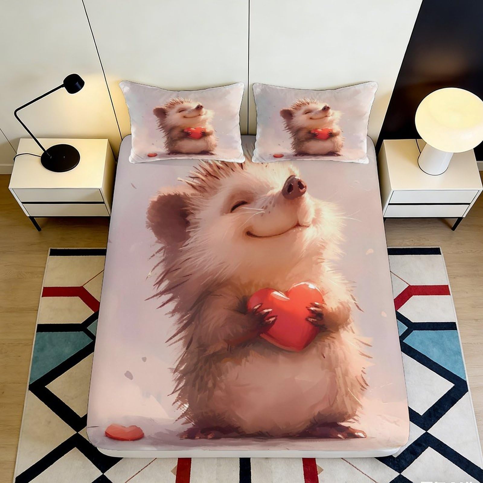 3D Printed Cute Hedgehog Fitted Sheet Microfiber Soft Breathable Cartoon Heart Mattress Cover for Bedroom Guestroom Decor 160x200x25cm