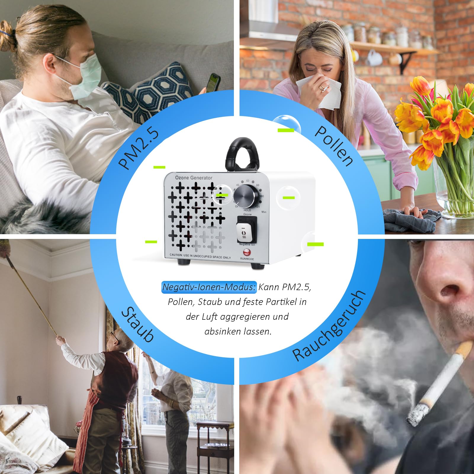 2 In 1 Ozongenerator 100,000mg/H, Ozongerät Negativ Ionen Luftreiniger mit Ozon und Negative Ion Modus, O3 Ozonisator Ozone Generator mit 120 Min Timer, Ozonator für Auto Wohnung und Feinstaub