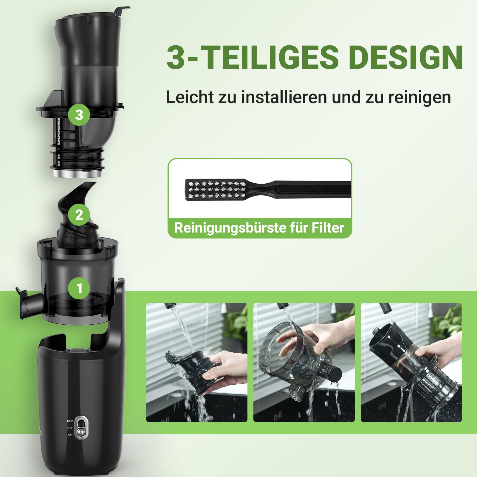 AMZCHEF Ganzfrucht Entsafter - 80MM große Öffnung Slow Juicer - Entsafter Gemüse und Obst Testsieger mit Verbesserter Schnecke, Doppelschicht Filter, Retro Kippschalter, Leiser Motor - Schwarz