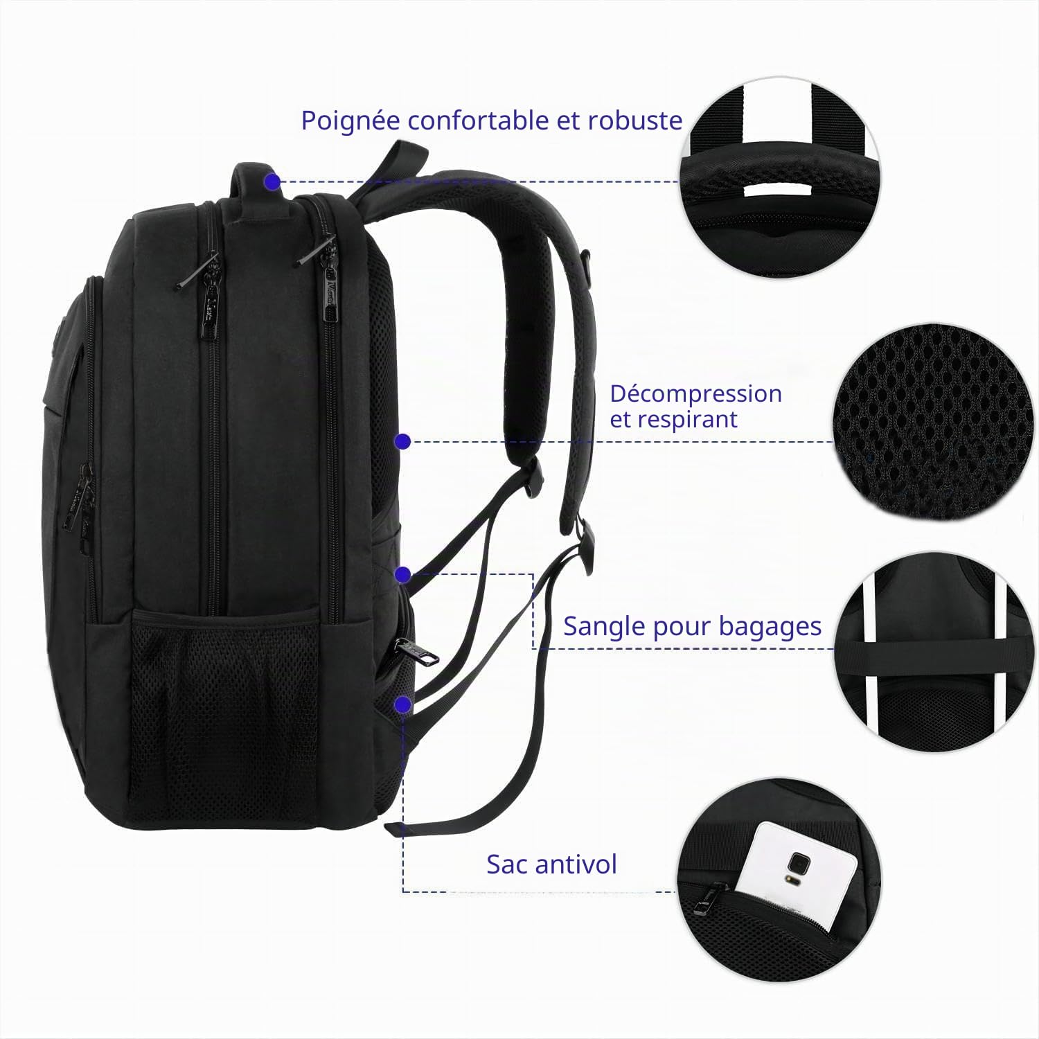 MATEIN Sac à Dos Ordinateur Portable 15.6 Pouces, Imperméable Antivol pour Travail Collège, Noir