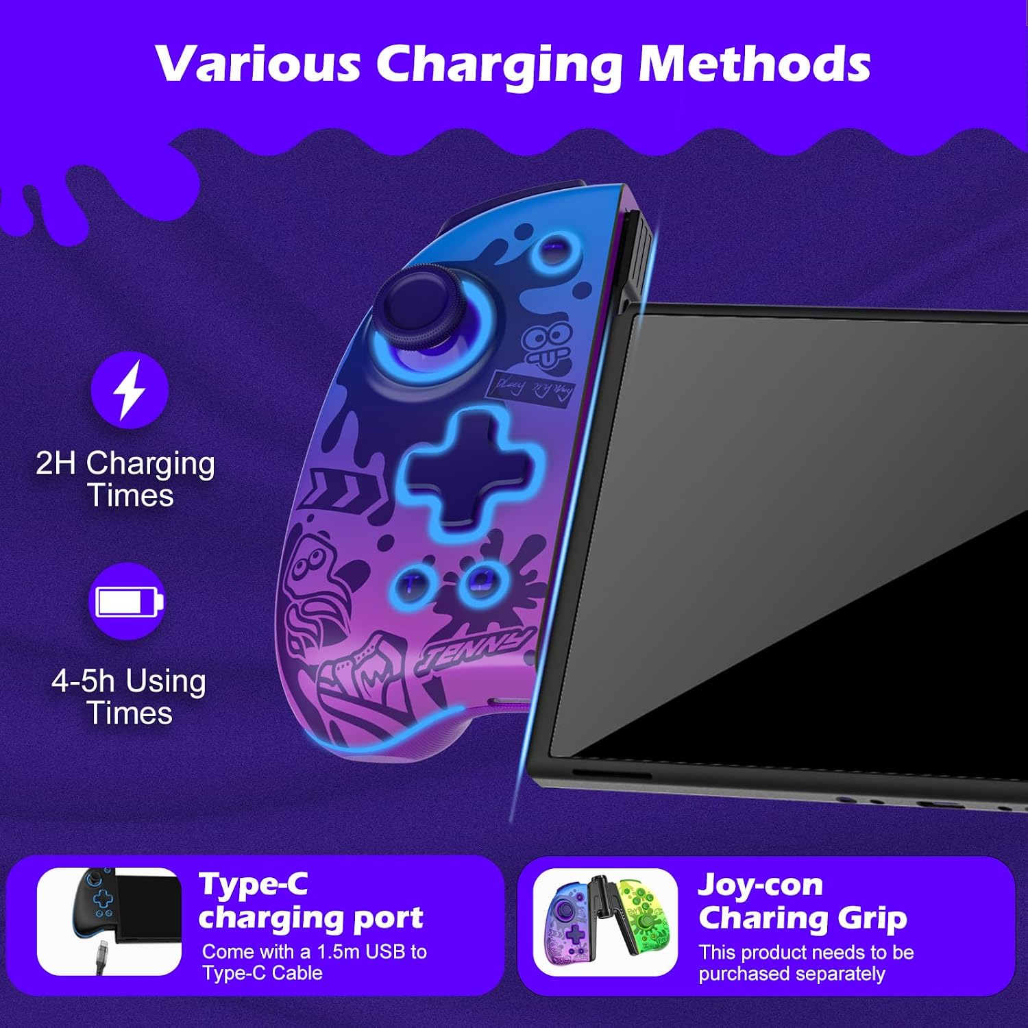 IINE Neptune Controller charging methods with Type-C port and estimated charging/usage times