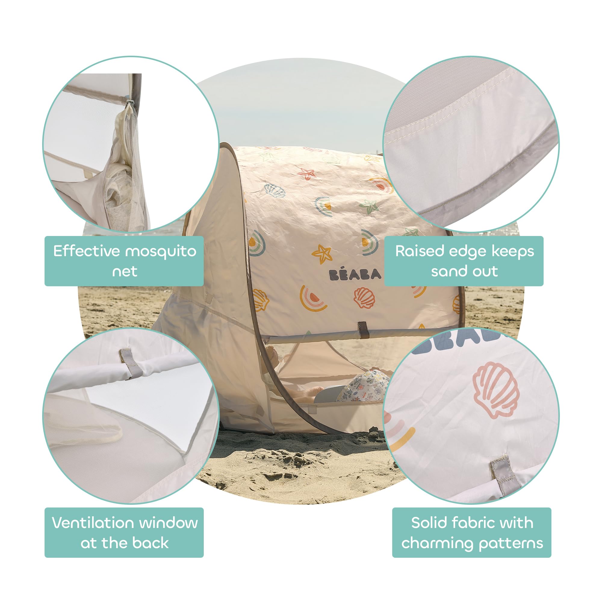 BÉABA, Strandtent, UV-bescherming voor baby's, maximale zonwering UPF50 , UV -gefilterd, ventilatie 360°, muggennet, ruim, pop-up-systeem, transporttas, breezy