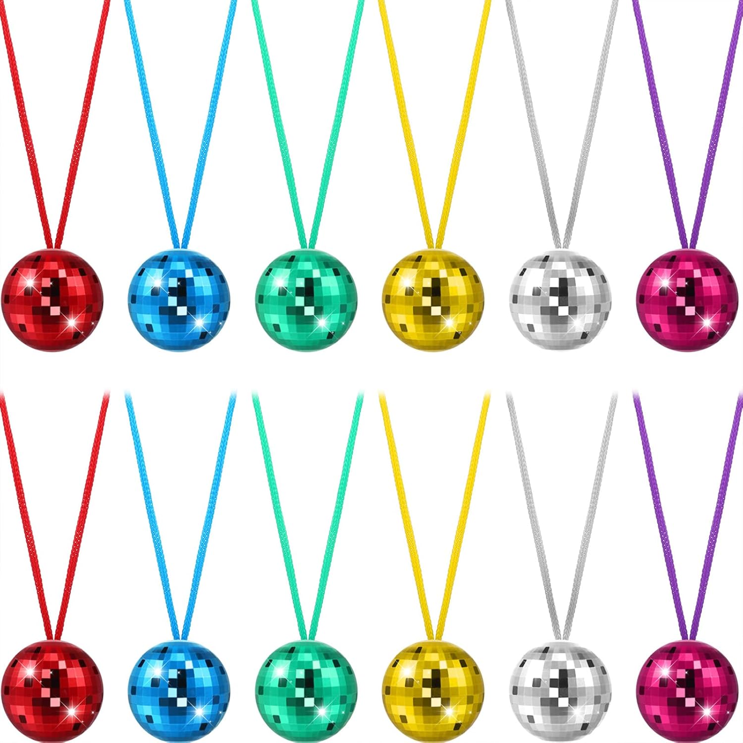 Hicarer 12 Pcs Disco Ball Necklaces 70s Disco Ball Costume Party Necklaces Assorted Color for Christmas Party Favors Decorations Gift Stage Props Birthday Game Accessories