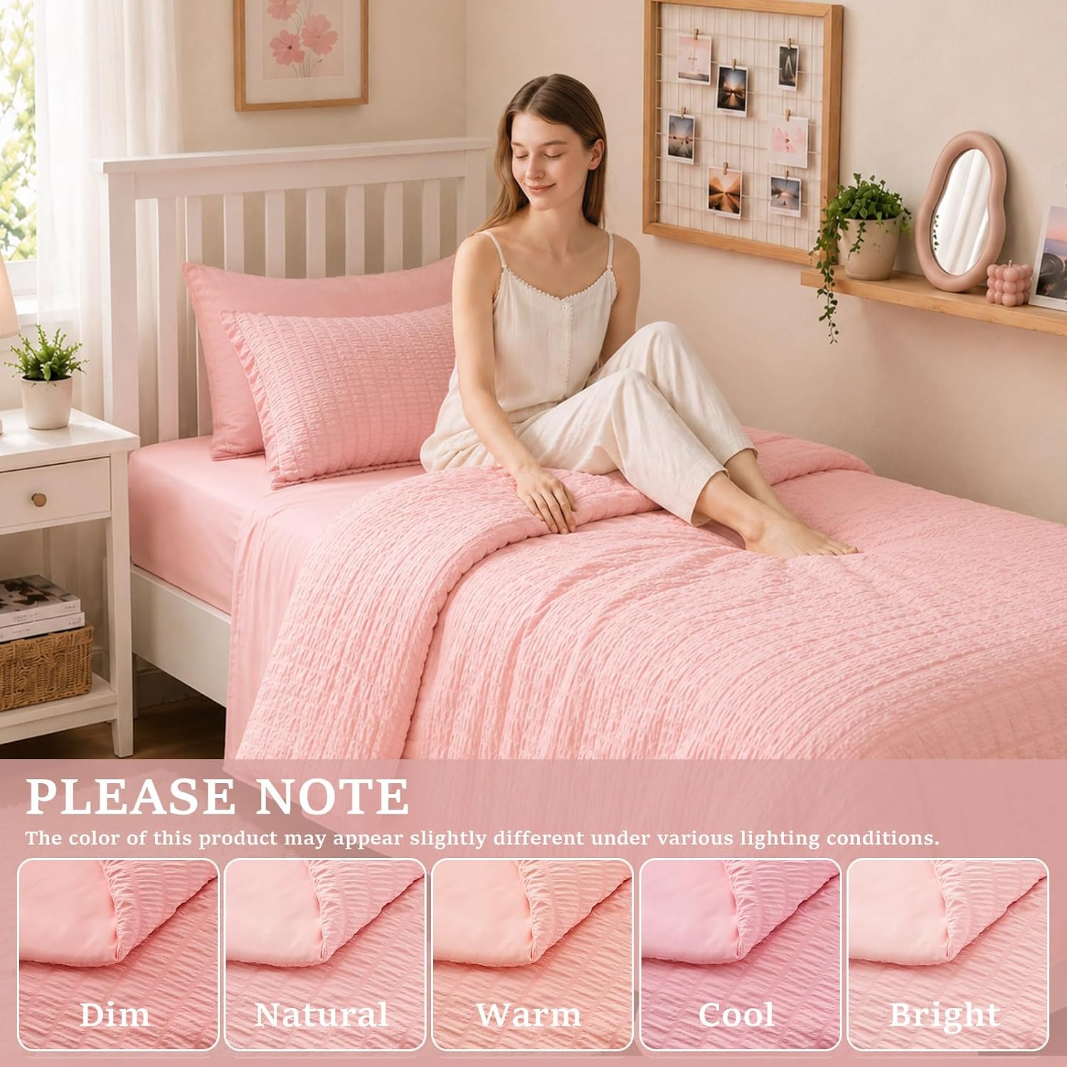 FUANNA Pink Twin Comforter Set for Girls, 5Pcs Twin Bedding Sets for Dorm | All Season, Soft & Breathable, Luxury Seersucker Bed in a Bag Twin with Comforter, Sheets, Pillowcases & Shams, OEKO-TEX