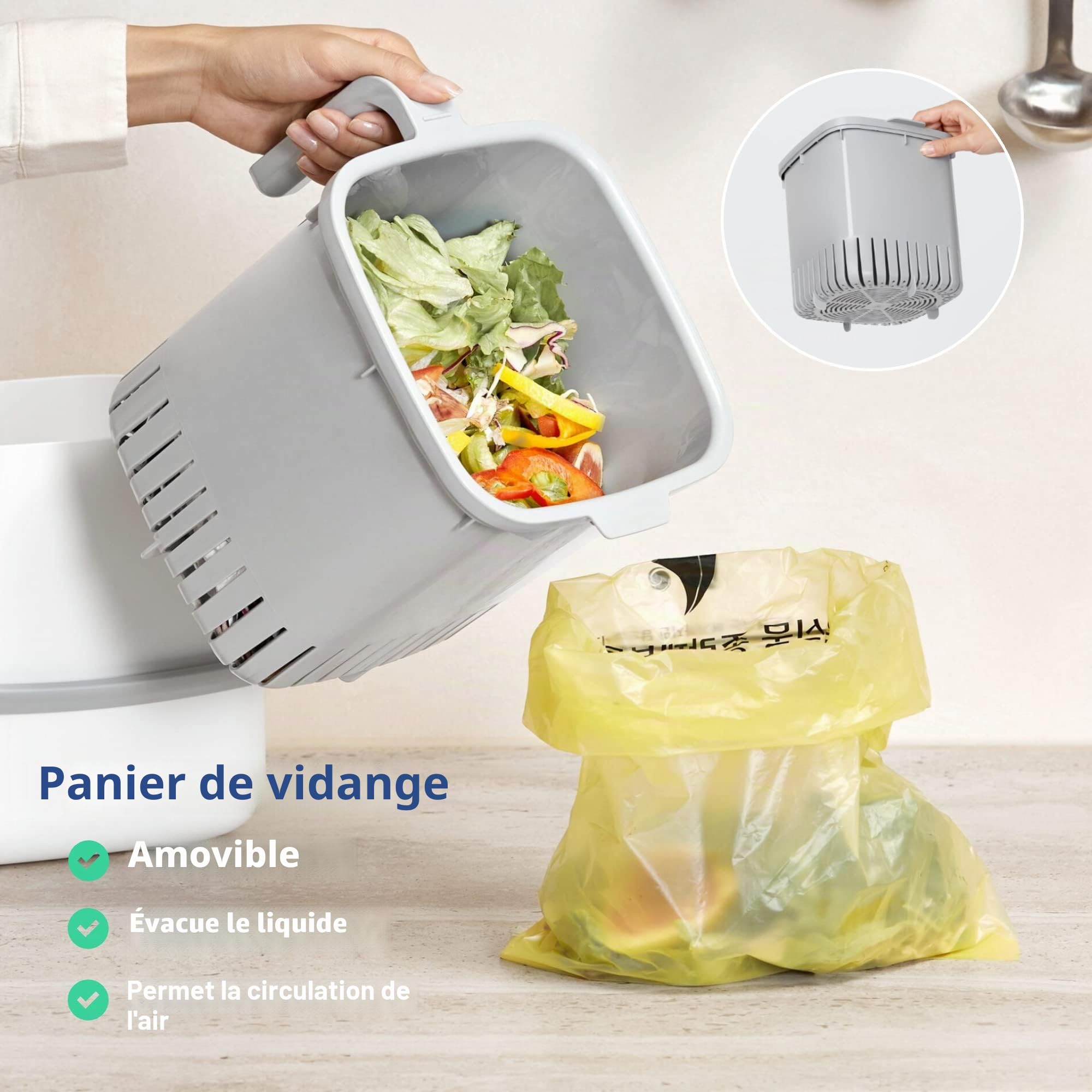 BLUE GINKGO Bac à Compost de Cuisine - Bac de Déchets Alimentaires Facile à Nettoyer avec Poignées | Bac à Compost de Cuisine pour Plan de Travail | Fabriqué en Corée (5 L) - Gris