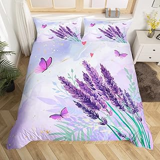 Manfei Kids Lavender Duvet Cover Set Queen Size, Purple Flower Butterfly Comforter Cover with 2 Pillowcases, Abstract Marble Bedding Set 3pcs for Boys Girls Bedroom Decor, Botanical Bedspread Cover