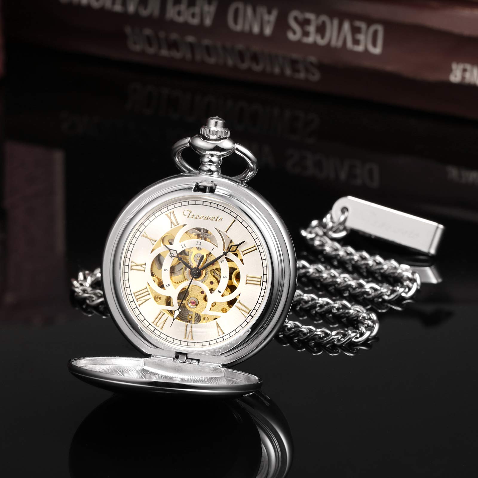TREEWETO Orologio da taschino classico, liscio, doppia cassa, meccanico, steampunk, numeri romani, orologio da taschino, per uomo e donna, con catena + confezione regalo, Argento, Classico