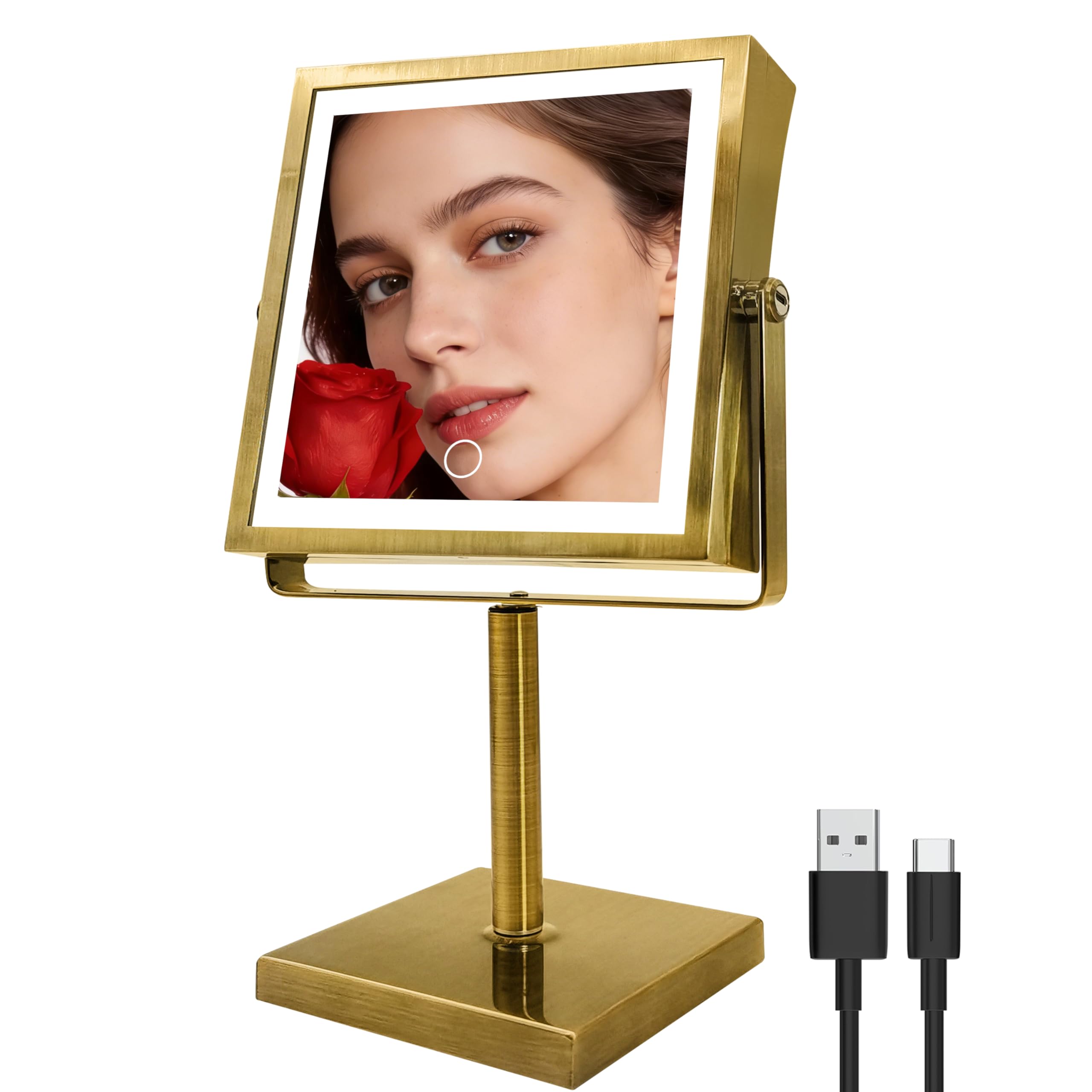 RUACQ Rechargeable Makeup Mirror, 4000mAh Lighted Makeup Mirror with Magnification 1X/10X, Height Adjustable vanity mirror with lights, 3 Color light, Adjustable Brightness,360Β°Rotation(Antique Brass)