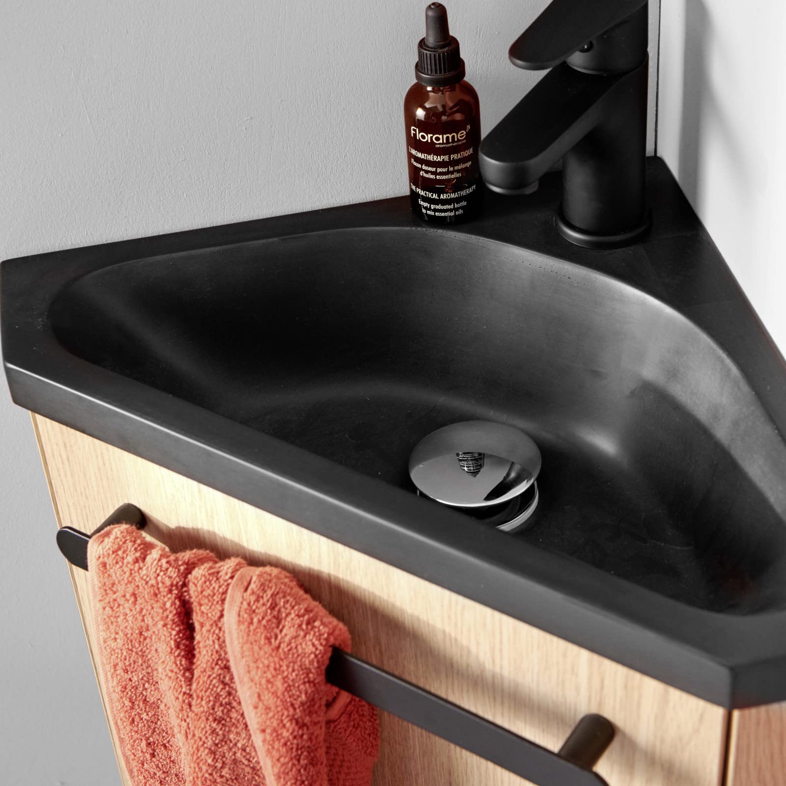 MOB-IN Meuble Lave-Mains SKINO décor chêne avec Vasque Noire + Robinet Noir