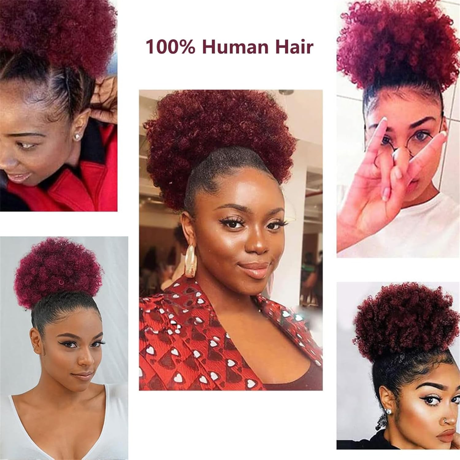 Afro Puff Ponytail Extension Wigs for Black Woman, 99J Burgundy 100% Human Hair 8 Inch Afro Puff Curly Kinky Drawstring Ponytail Bun Short Hair Extensions Clip On Ponytail Bun Hairpieces Updo Wigs