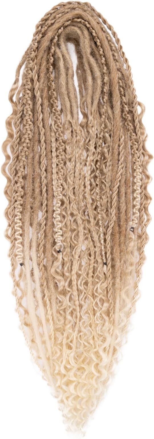 30 Strands Double Ended Dreadlock Extensions 24 Inch Thin Synthetic Boho Dreads Ombre Blonde 5 Style Mixed Full Set Wool DE Wavy Curly Hippie Dreads Braid in Soft Viking Dread for Women