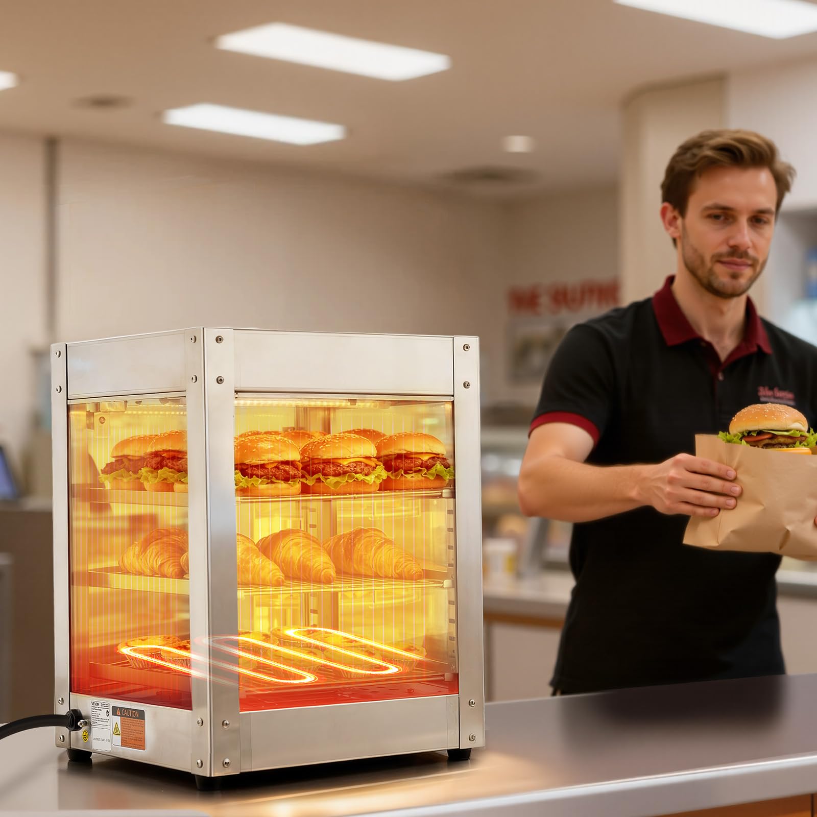 VEVOR Scaldavivande commerciale a 3 livelli, 800 W, con luce LED, ripiano regolabile e telaio in acciaio inossidabile, riscaldamento ad aria da 30 °C a 185 °C, 34 litri per hamburger, pizza, pane