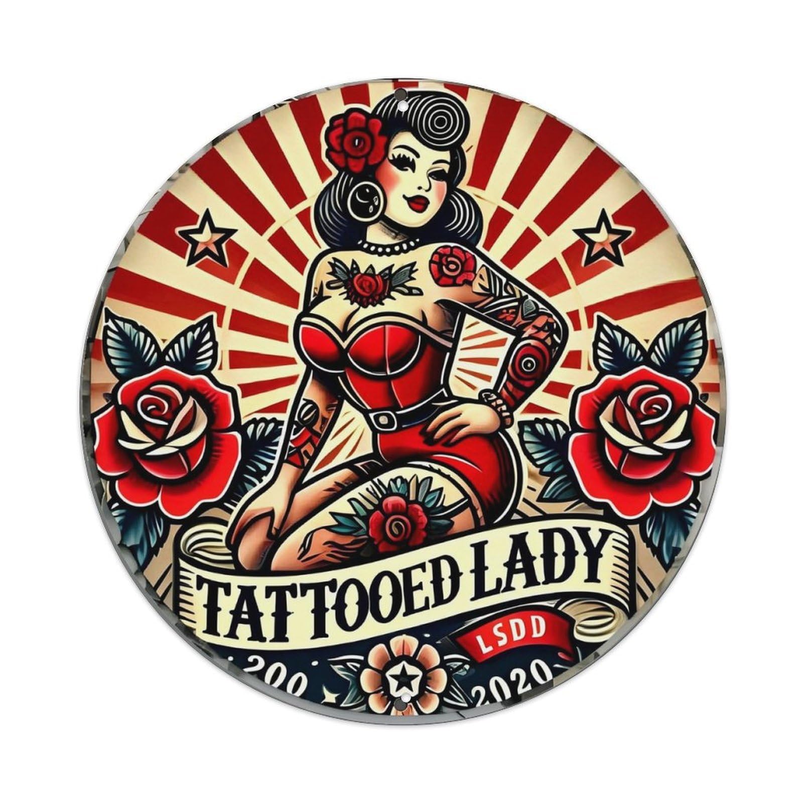 Tattooed Lady Vintage Rose Design_1 Vintage Metal Tin Sign Retro Wall Decor for Home Bar Garage Cafe, Indoor & Outdoor Decorative，circle Metal Poster, 8x8 Inch