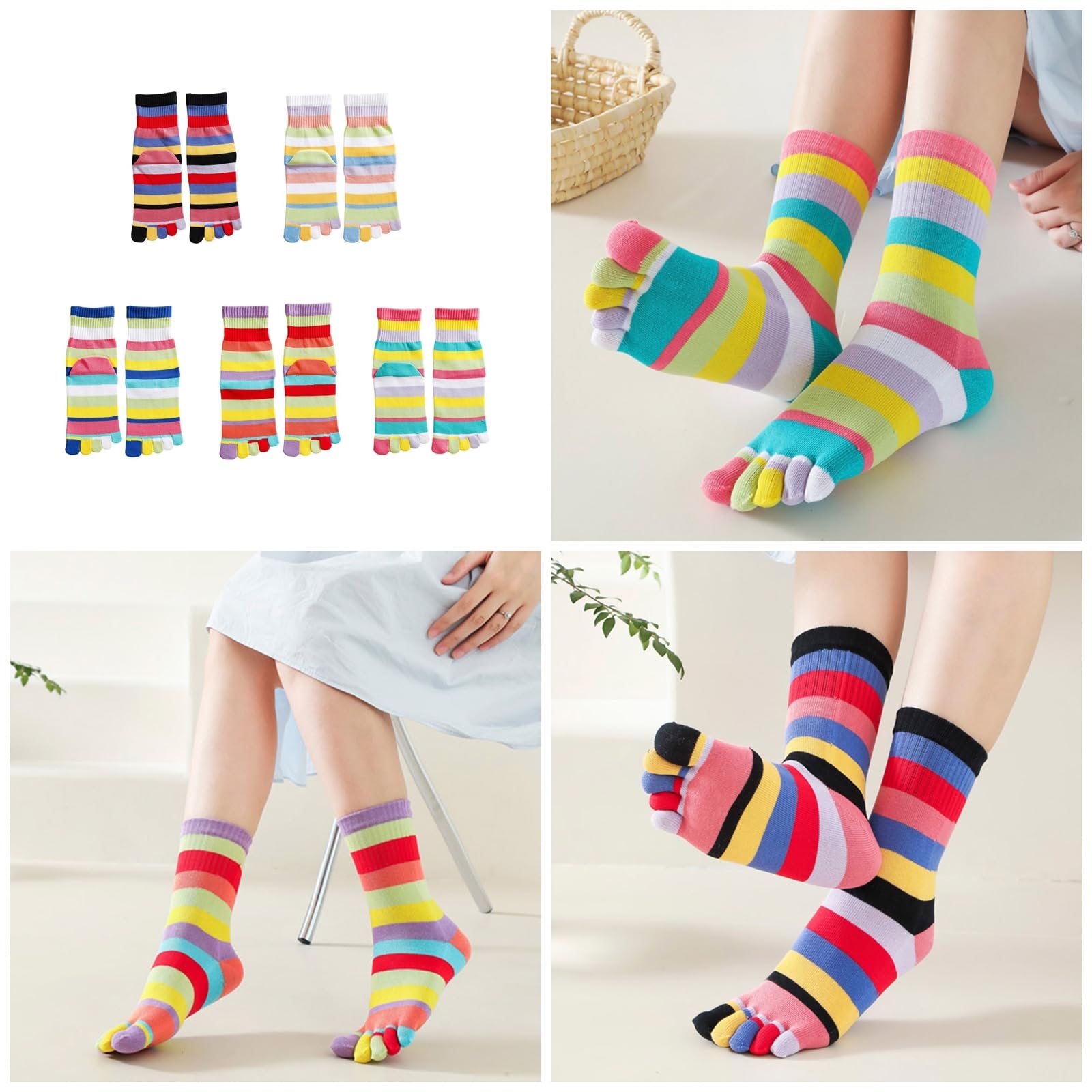 Dsgzkk Women Colorful Rainbow Split Toe Socks Winter Fall Five Finger Separated Middle Tube Socks Sports