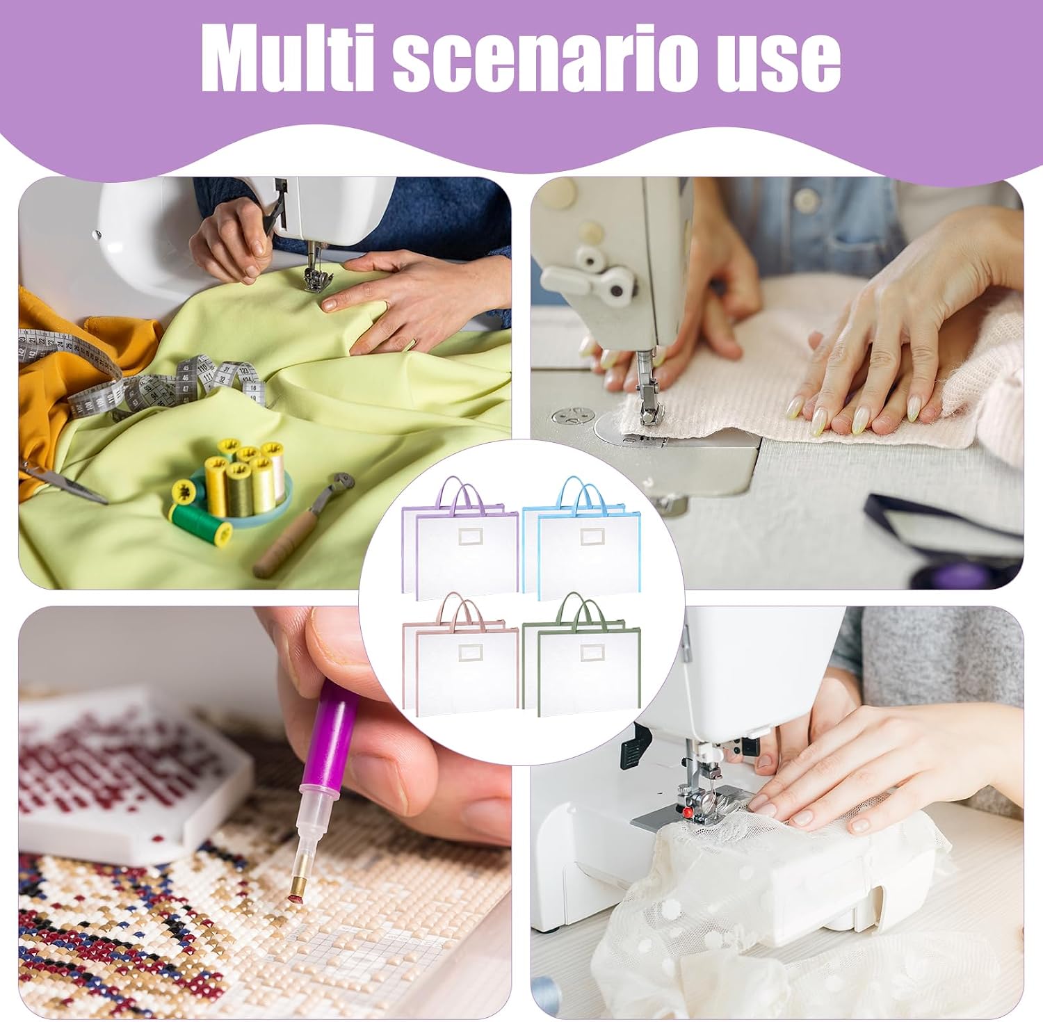8 Pcs Project Bags with Handles, A3/8K Size Craft Organizer Storage Tote for Sewing Quilting Knitting, See-Through Mesh Zipper Pouch in 4 Colors (Blue Pink Green Purple)