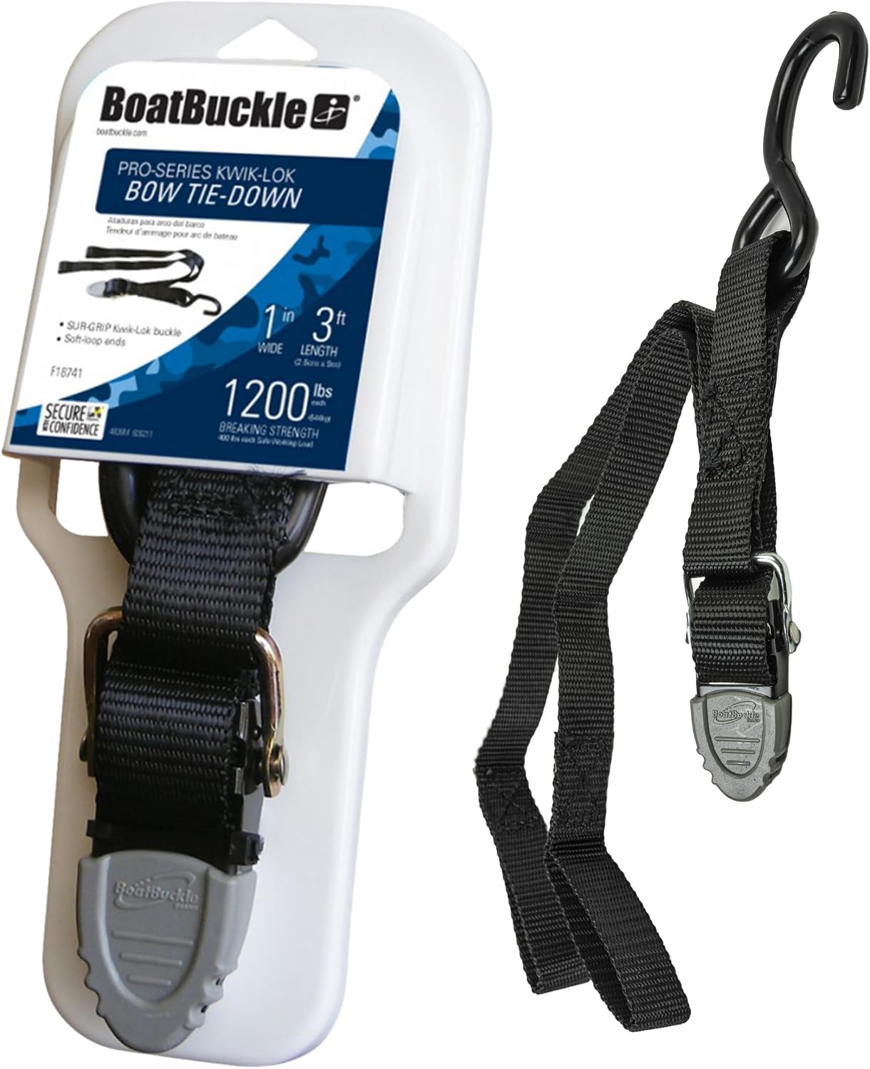 BoatBuckle F18741A Pro Series Kwik-Lok Bow Tie-Down Strap, 1 Inch x 3 Feet | Adjustable SUR-Grip Buckle with Loop End, 1,200 Lbs Break Strength, 400 Lbs Working Load, Black Webbing, 1 Strap Included