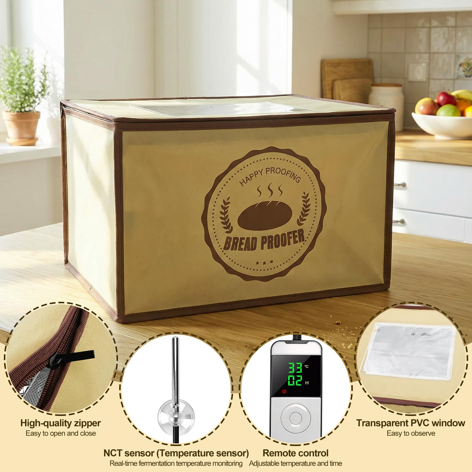 Boîte de fermentation avec chauffage - Armoire de fermentation électrique pliable avec capteur de température NTC 10-45 °C - Affichage numérique - Minuterie 0-48 h - Pour levain, pizza, yaourt, pâte à