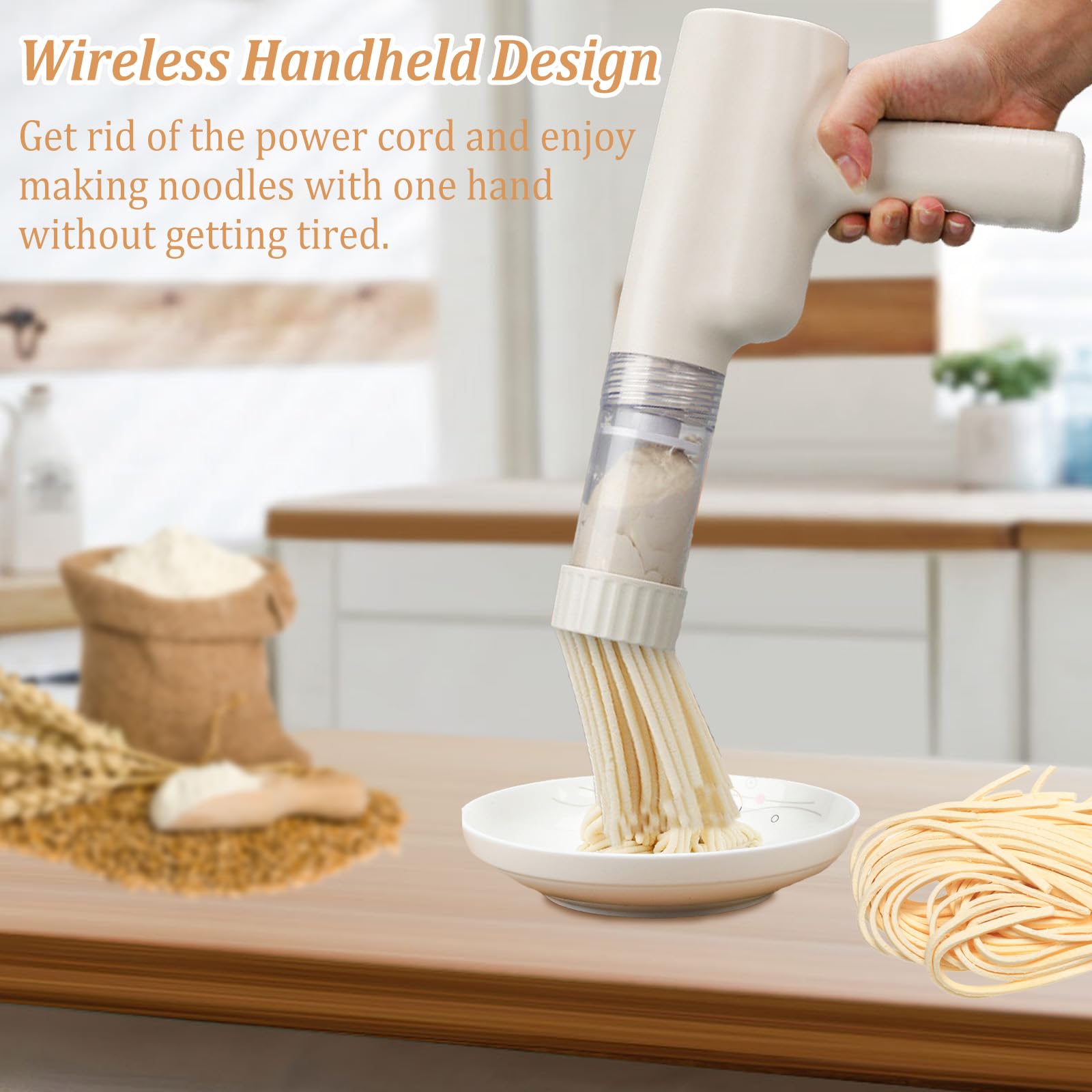 Presses à Pâtes électriques, Machine à Pâtes électrique avec 7 Moules à Nouilles Portable Machine à Pâtes Fraîches Rechargeable 1300mAh ABS Machine à Pâtes pour Spaghetti Fettuccine Beige