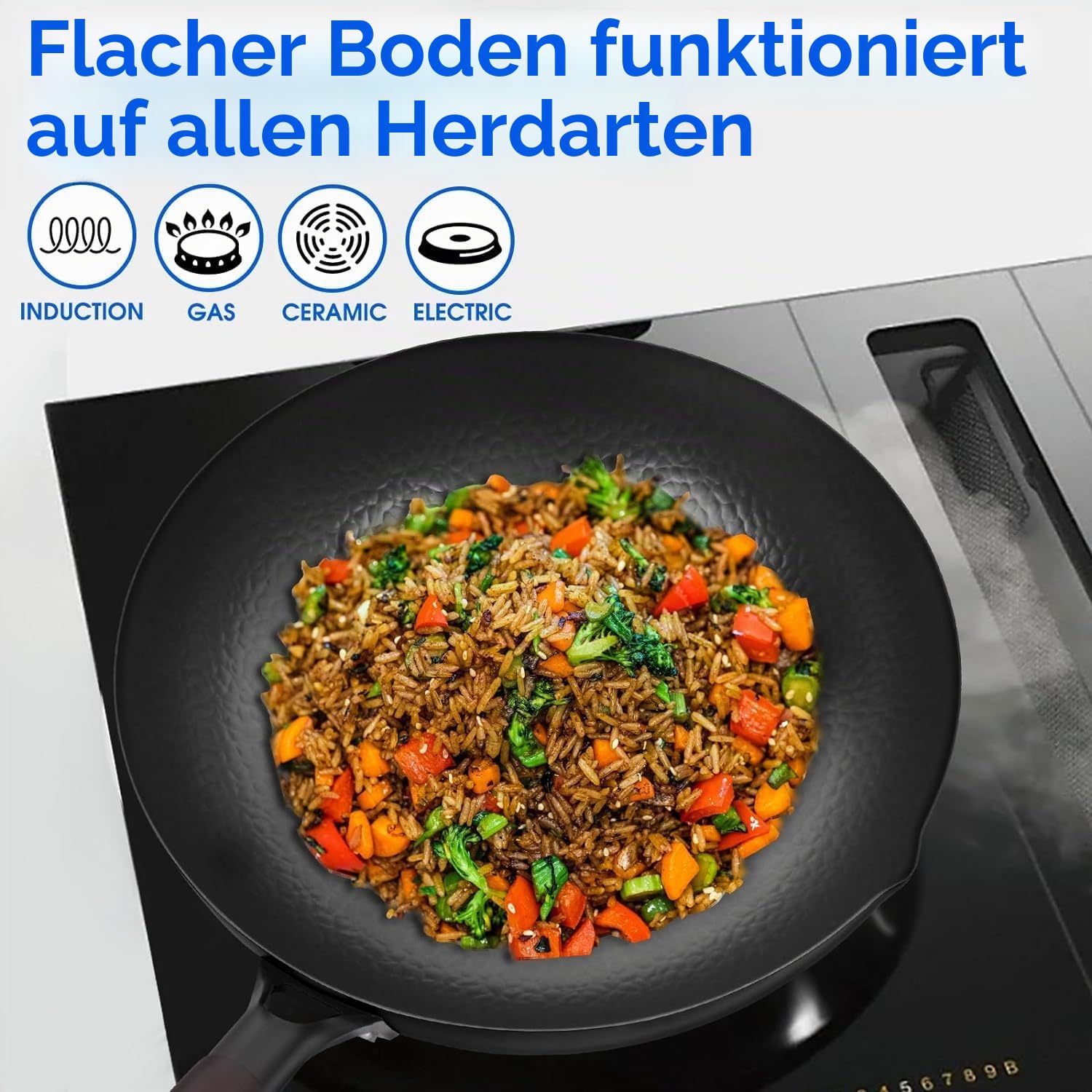 Souped Up Recipes 32cm/6L Bratpfanne Wokpfanne Pfannenset Pfanne Chinesische Pfanne aus Karbonstahl für Elektroherden Induktionsherd Gasherd (Deckel, Spatel und Benutzerführung sind enthalten)
