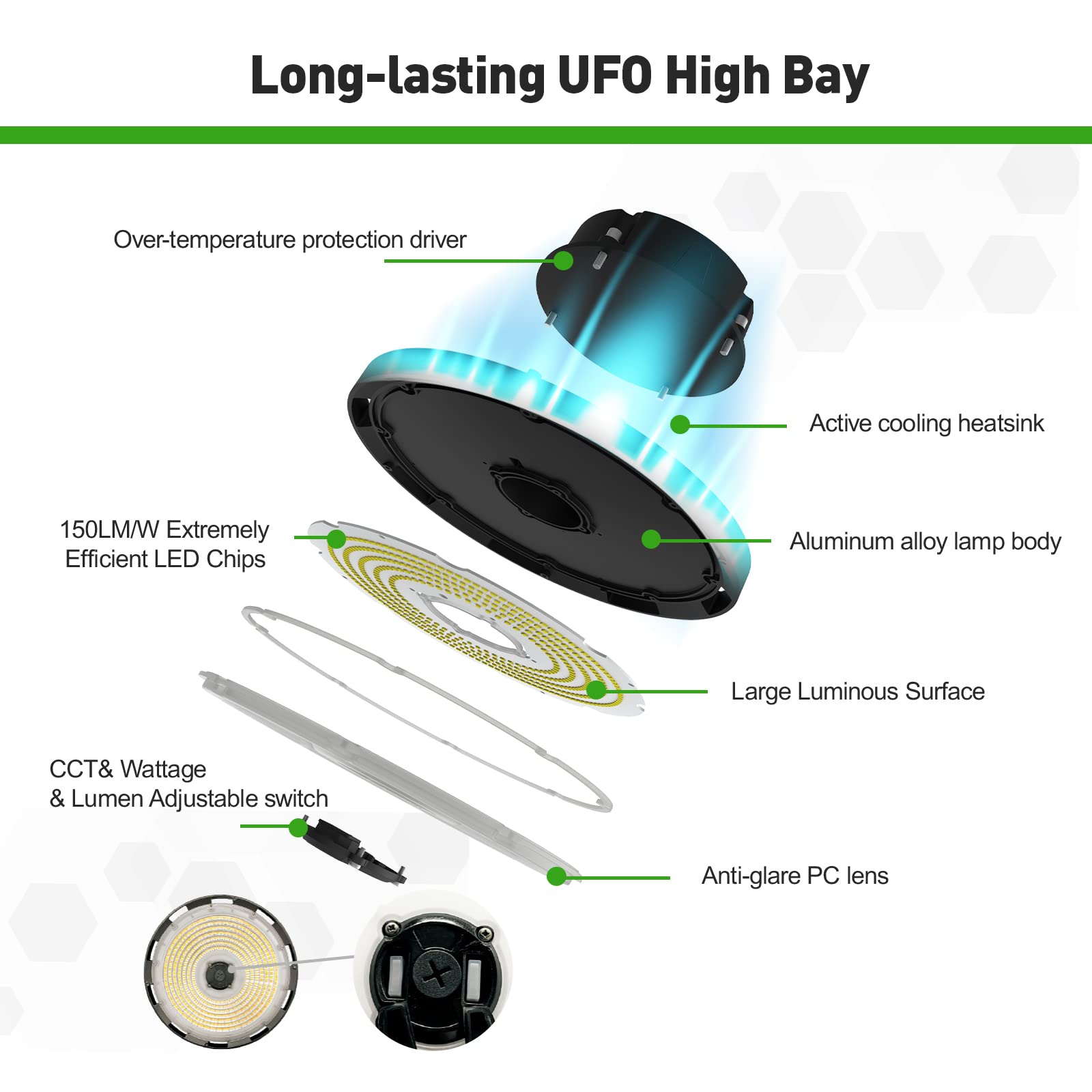 UFO LED High Bay Light 150 200 240 Wattage Selectable with Preinstalled Hook IP65 Waterproof 0-10V Dimmable Commercial — view 4