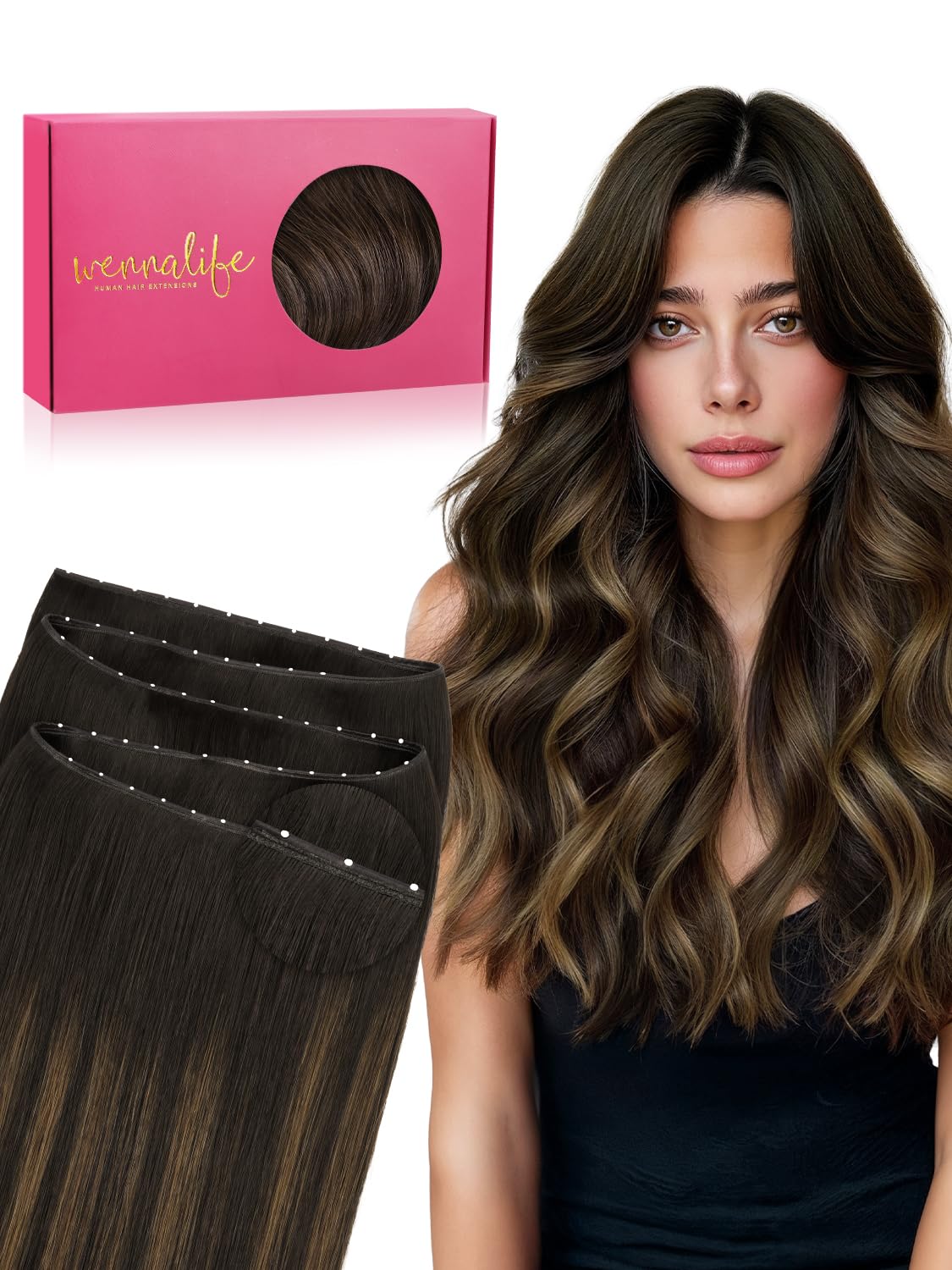 WENNALIFE Double Genius De Cabello Humano - Extension di capelli umani a forma di farfalla, 50,8 cm, 50 g, balayage castano scuro misto castano castano, da cucire, aggiungono volume e lunghezza