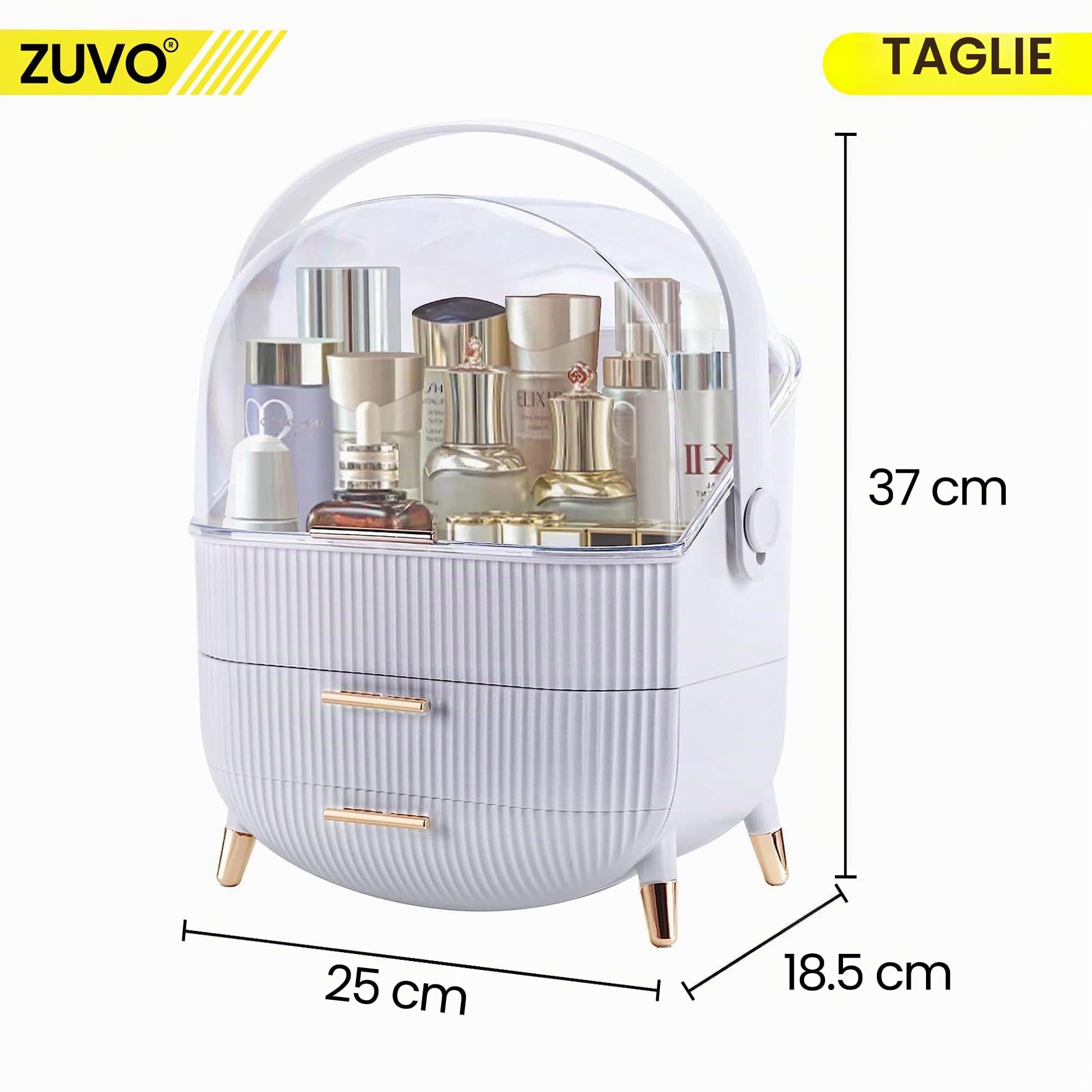 Zuvo Organizer per trucchi con 2 grandi cassetti, espandibile per cosmetici e prodotti per la cura della pelle e la toeletta, colore bianco, elegante e durevole