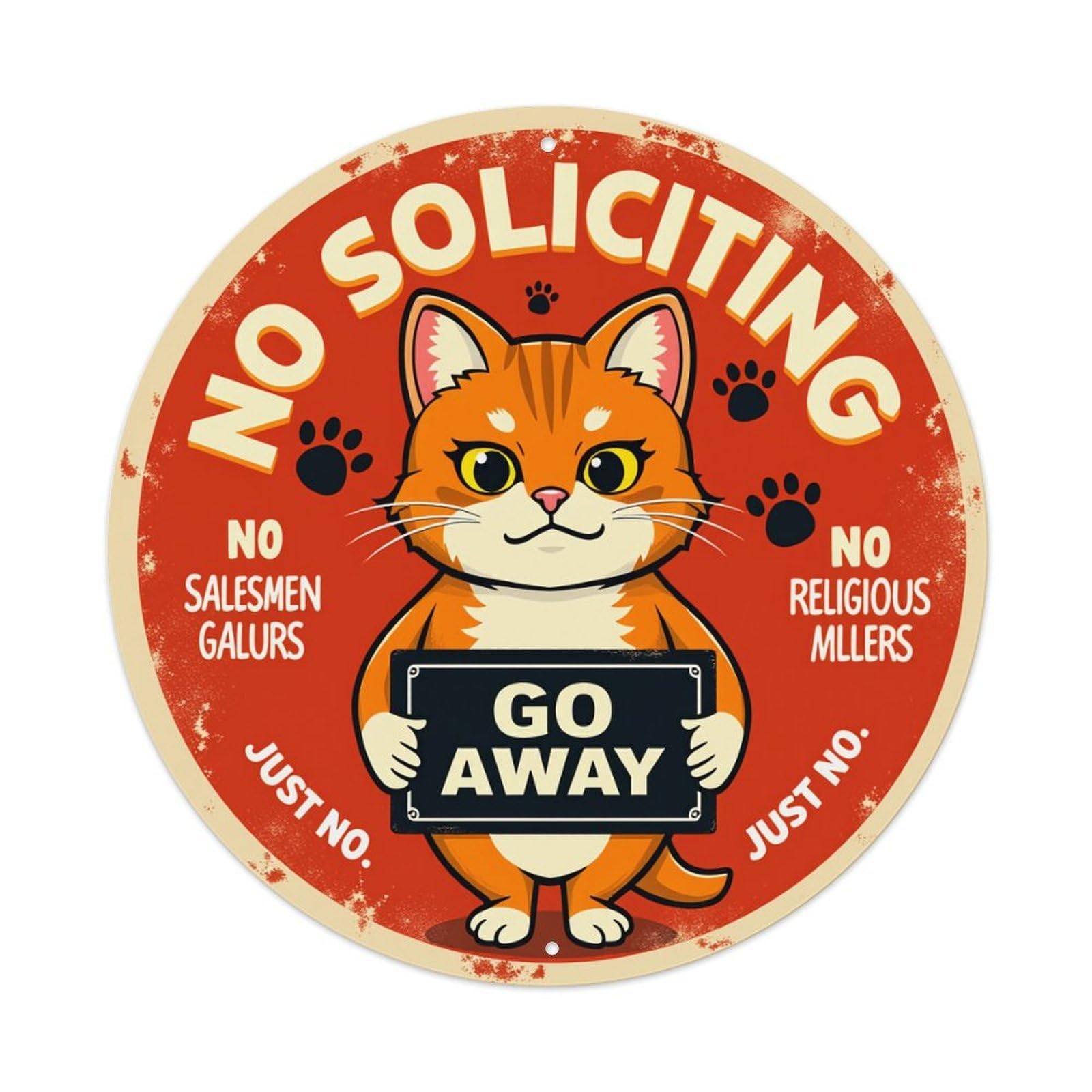 No Soliciting Cat Sign Pattern Round Tin Sign Vintage Metal Poster, Home Bar Garage Man Cave Cafe Indoor & Outdoor Wall Decoration 8x8Inches
