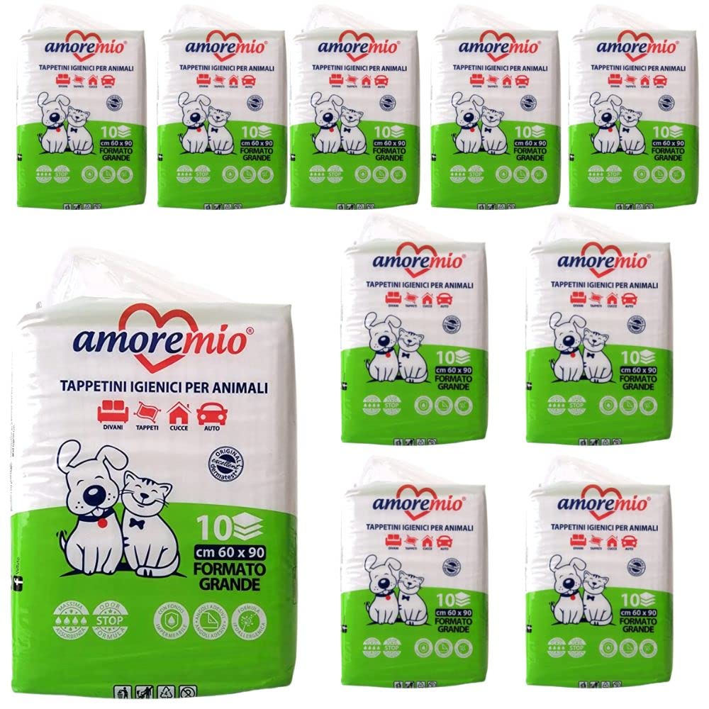 Amore Mio 10 Confezioni da 10 Tappetini Assorbenti Igienici Animali Cani Gatti 60x90 cm Formato Grande Impermeabile Angoli Adesivi Ipoallergenici Confezione Risparmio