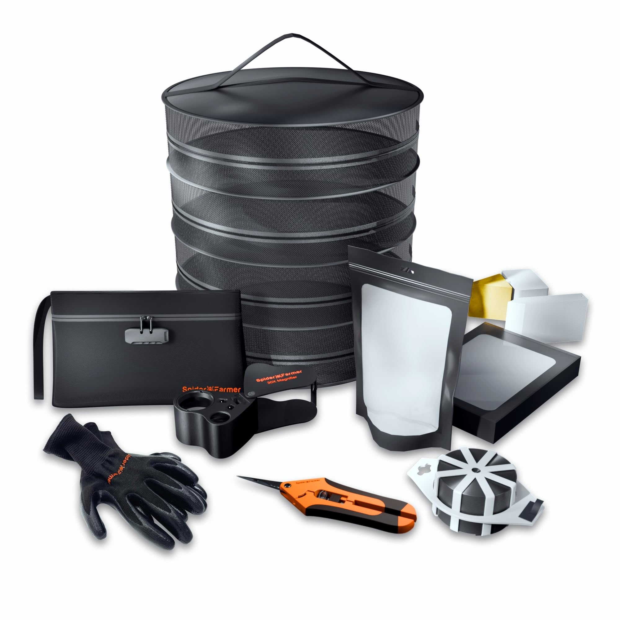 Grow Tent Accessories Kit 9-in-1 - Indoor Plant Care Tools with Pruning Shears, 30X-60X Magnifier, Drying Rack, Airtight Storage Bags & Gloves for Hydroponics/Indoor Gardening