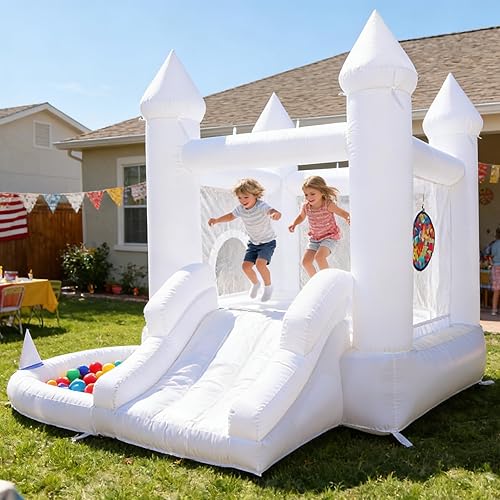 Miniatura 7 de Casa de rebote blanca con soplador, piscina de bolas, castillo inflable familiar para patio, eventos, fiestas, bodas, regalos para niños (10 pies de