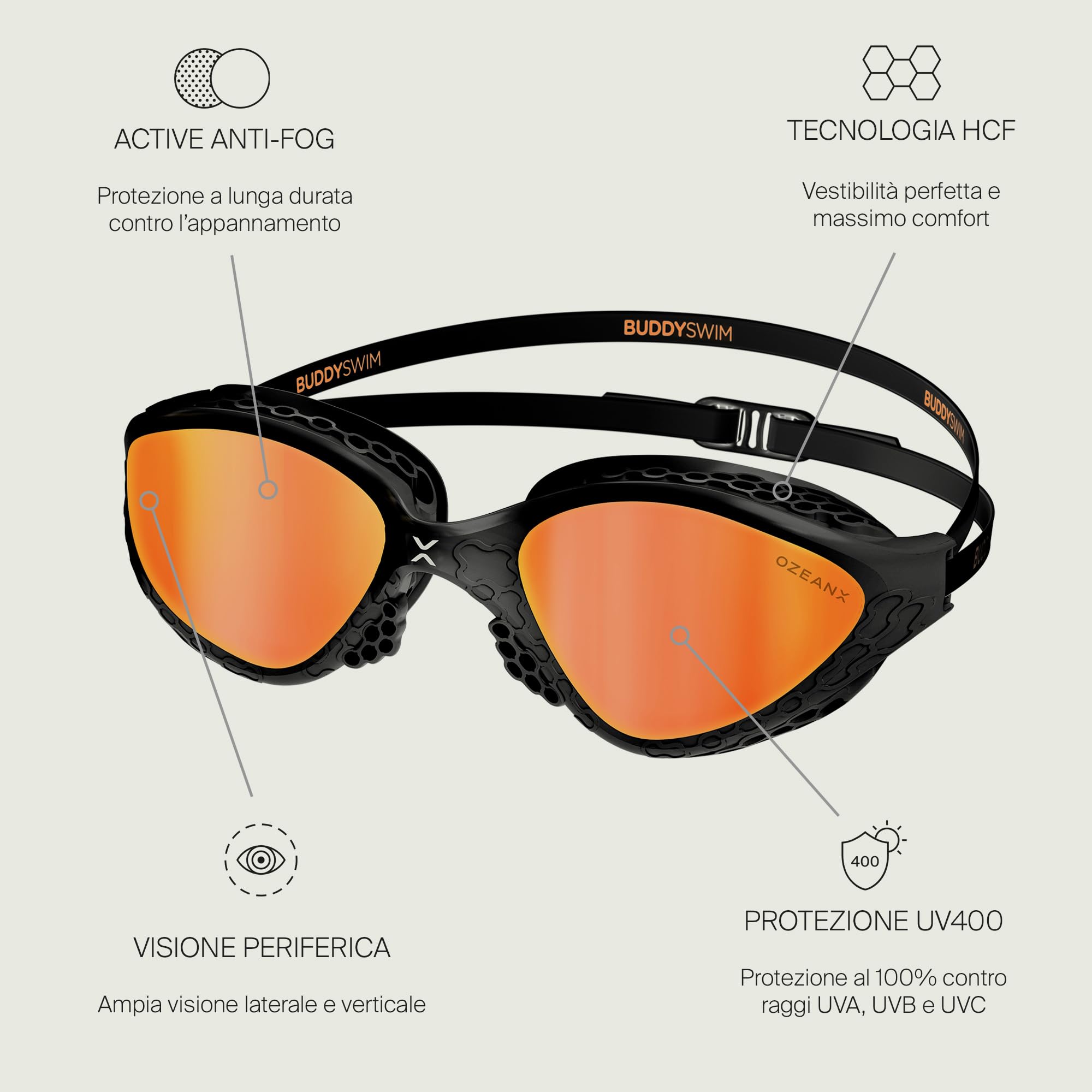 Occhiali da nuoto OzeanX, antiappannamento con lenti panoramiche. Protezione UV400. Vestibilità idrodinamica Per nuotare in piscina e nel mare. Occhialini nuoto uomo e donna per acque libere
