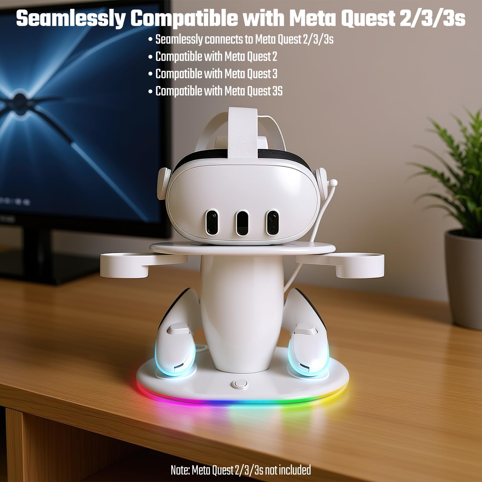 Base de carga para Meta Quest 2 3 3S estación de carga magnética para auriculares y controladores de realidad virtual Oculus Quest 2/3/3S, soporte de accesorios con RGB y 2 baterías recargables de