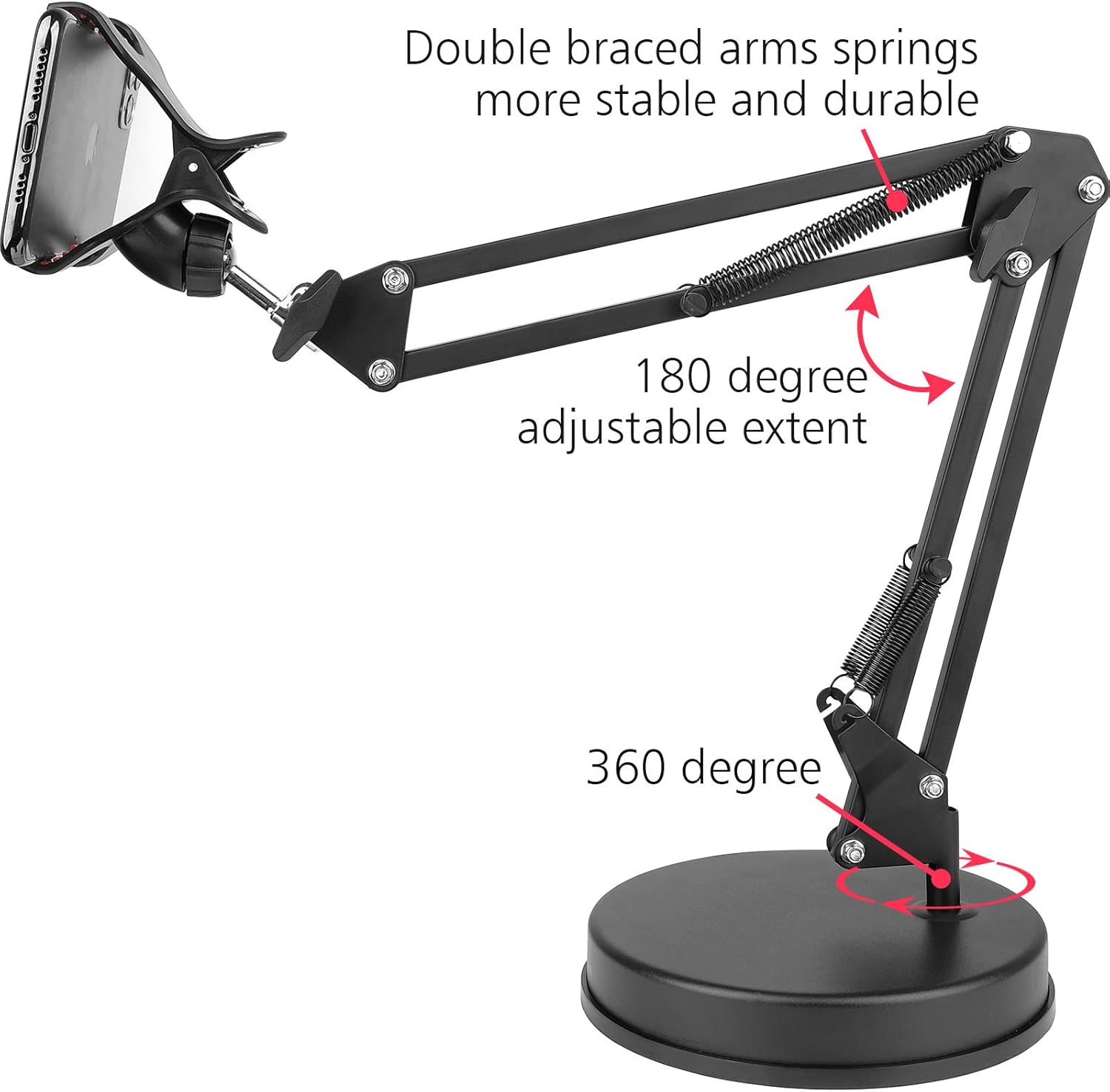 Chromlives Overhead Phone Mount - Articulating Arm Stand with Base, 360 Adjustable Phone & Tablet Holder