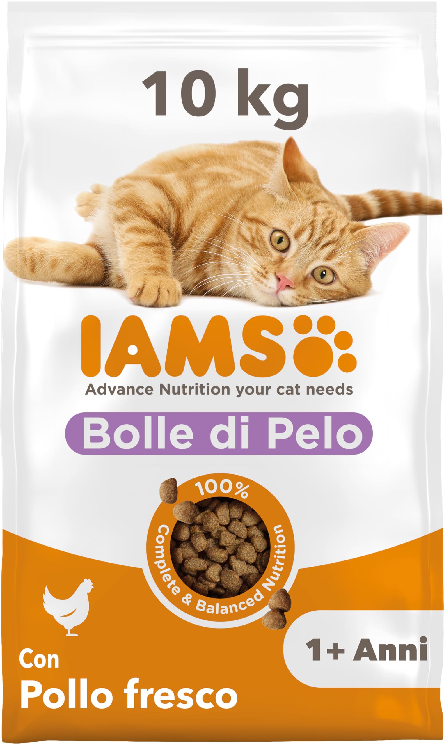 IAMS Anti-Hairball cibo secco per Gatti - Alimento secco per ridurre i boli di pelo per Gatti da 1 anno, 10 kg