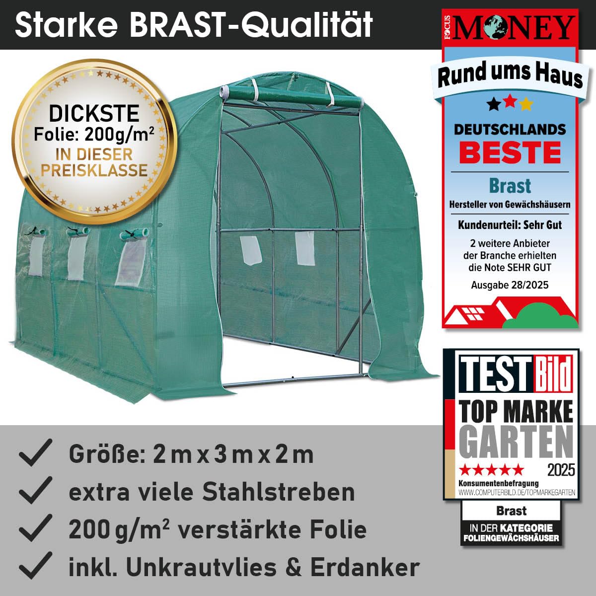 BRAST Gewächshaus Foliengewächshaus mit Stahlfundament | 2x3m - 3x8m | inkl. Erdanker Unkrautvlies & 6 Aufrollbare Fenster mit Moskitonetz | UV-stabilisierte Gitterschutzfolie 200g/m² | 200x300cm