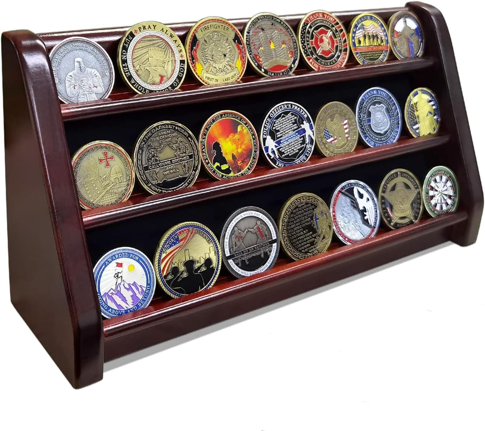 Indeep 3 Row Challenge Coin Display Stand Rack Military Coin Holder Display Mahogany Finish