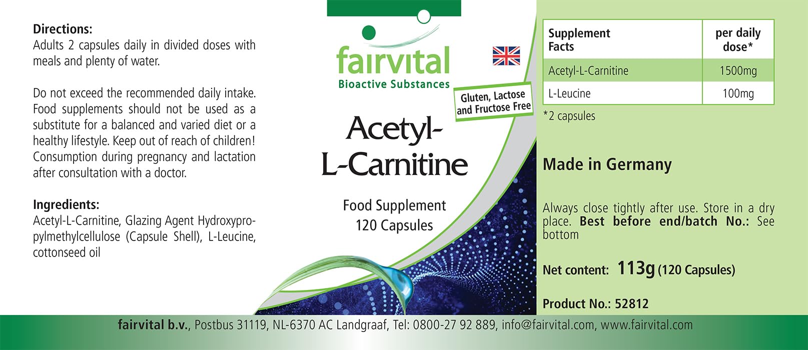 fairvital Acetil-L-carnitina, 120 cápsulas, 1500mg al día, calidad certificada y alta dosis, 100% vegano, fabricado en Alemania Salud y cuidado personal