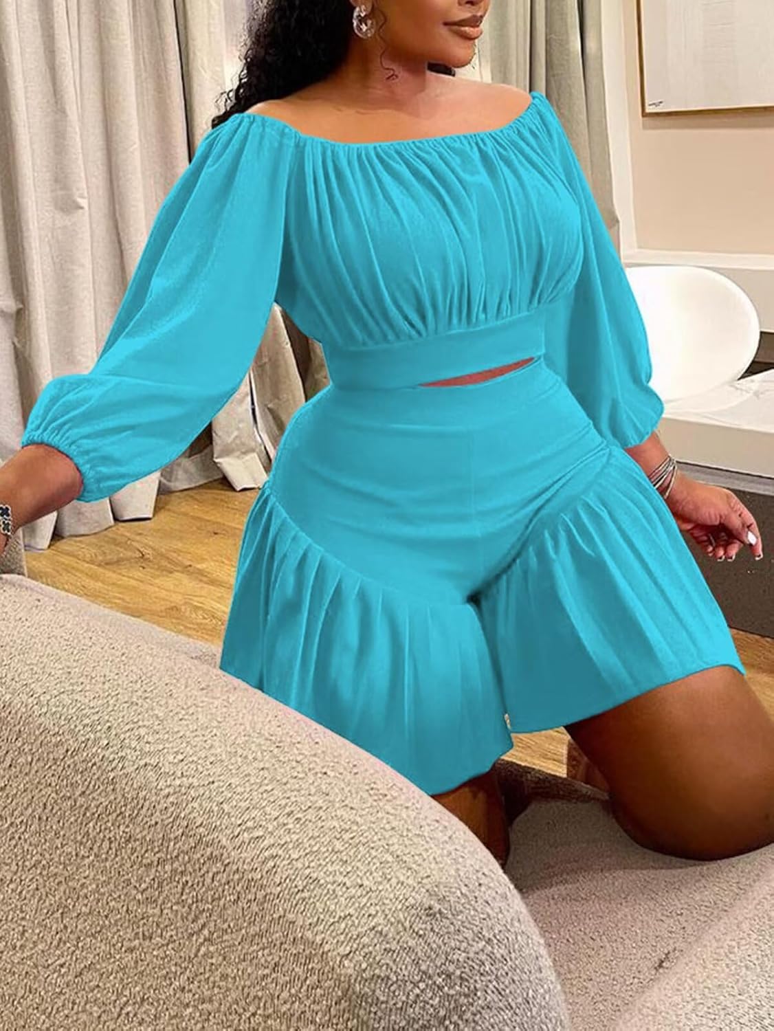 Women's Plus Size 2 Piece Outfits Off Shoulder Long Lantern Sleeve Crop Top and Ruffle Shorts Set - Image 2