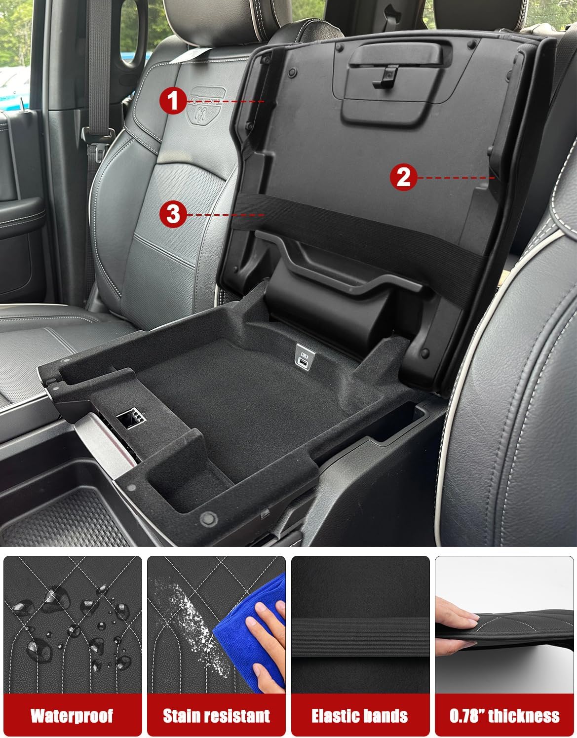 KBH Center Console Armrest Cover for 2019-2026 Dodge Ram 1500 2500 3500 5th Gen, Floor Console Bucket Seat, Arm Rest Cushion Pad Protector, Vinyl Leather, Black-Gray Stitches