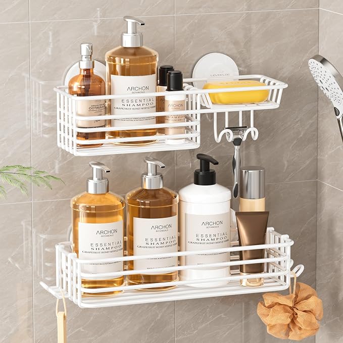 LEVERLOC Shower Caddy Suction Cup, 2 Pack Shower Shelves for Inside, Black Rustproof Metal Bathroom Storage NO-Drilling Bathroom Organizer with Large Capacity, Heavy Duty Storage Basket