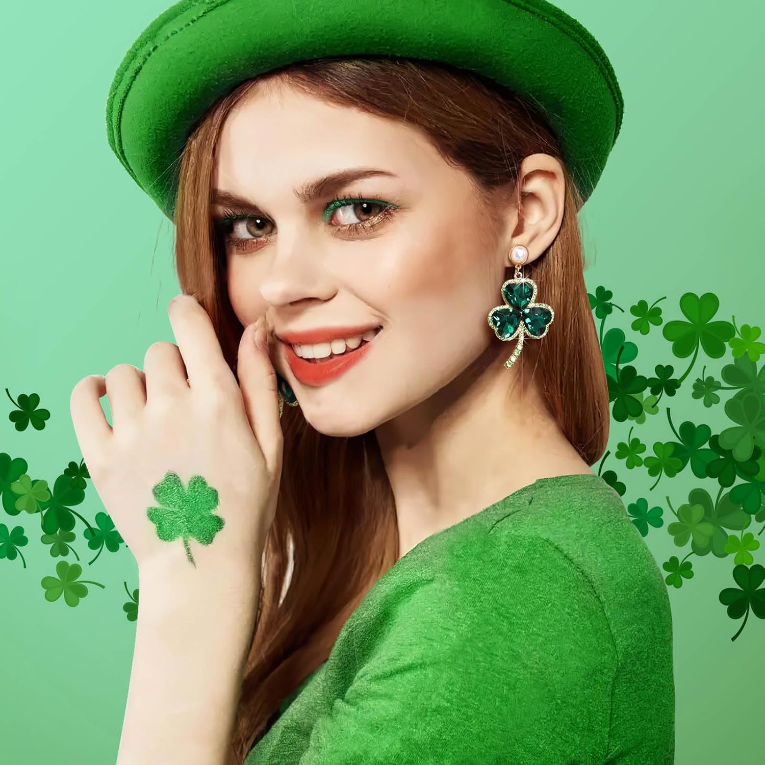 St Patricks Day Accessories Stud Shamrock Earrings for Women, Irish Green Sparkling Shining Cubic Zircon Four Leaf Clover Dangle Drop Earring, Saint Patrick's Day Costume Hat Accessories Jewelry - Image 3