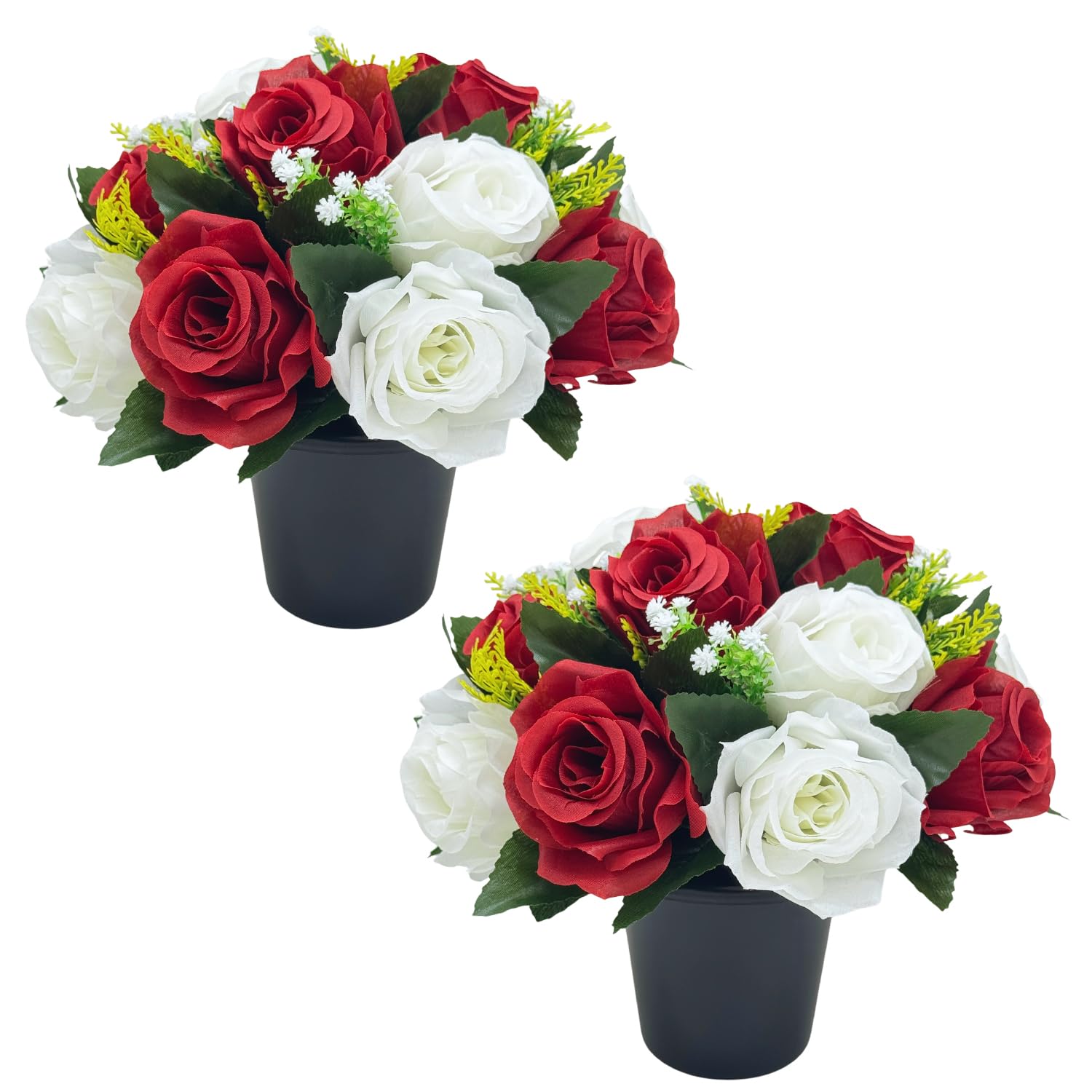 Fycooler Artificial Grave Flowers Pots 2 Pcs Burgundy White Silk Rose Cemetery Flower Funeral Decoration - Memorial Floral Graveside Ornaments Fake Bouquet Arrangements Weatherproof