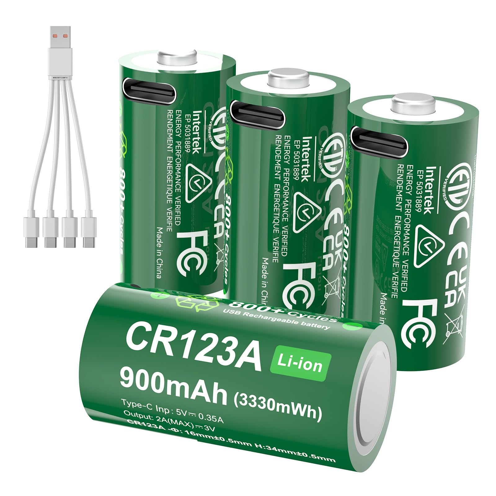 4 Pezzi CR123A Batterie Ricaricabili Al Litio, 3330 mWh 900mAh, Ricarica Type-C, 800 Cicli.Adatto Per Torce Ad Alta Intensità, Telecamere Di Sicurezza, Sistemi Di Allarme, Mirini Laser, Ecc